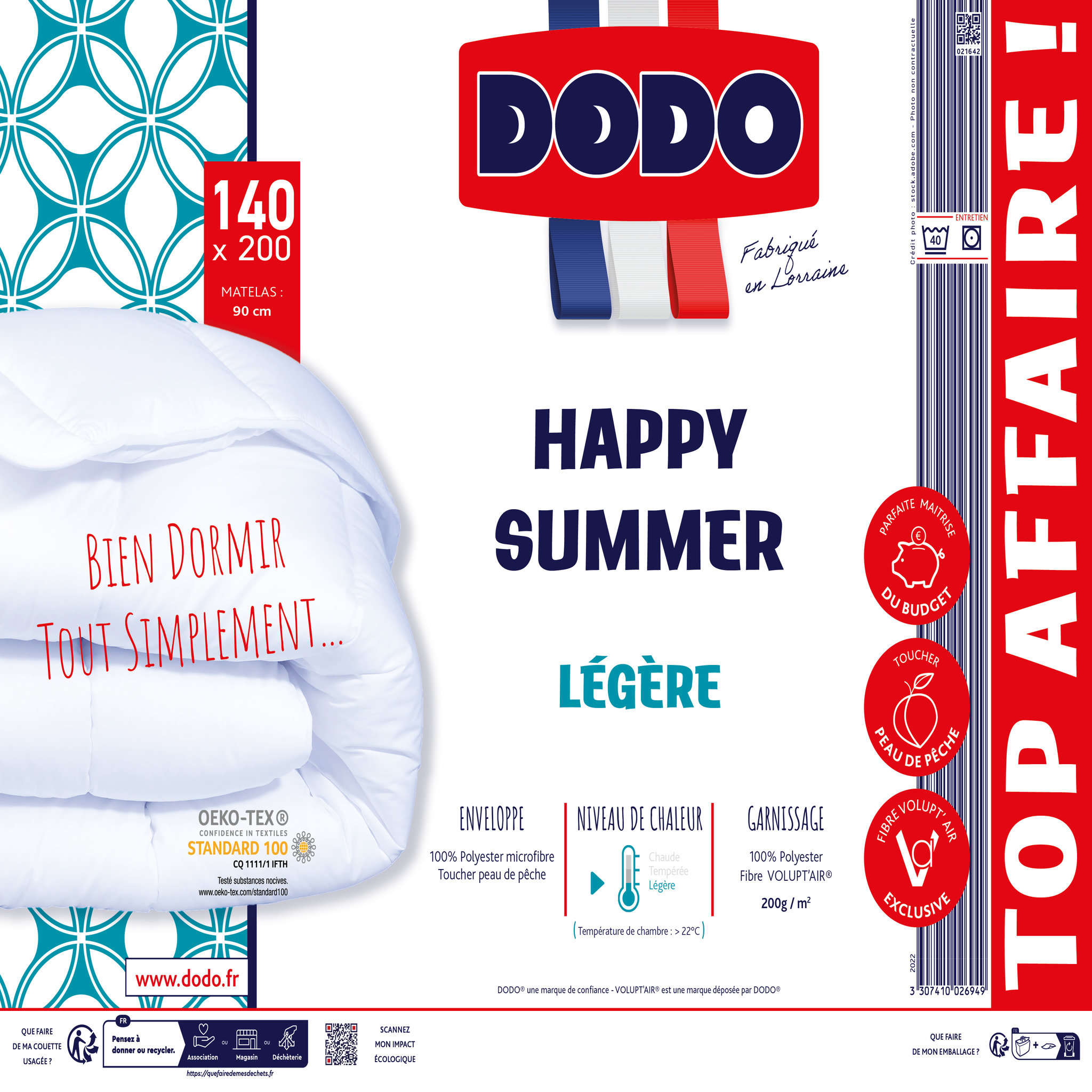 Voir la diapositive 1 : DODO Couette légère en microfibre toucher peau de pêche 200 g/m² HAPPY SUMMER 