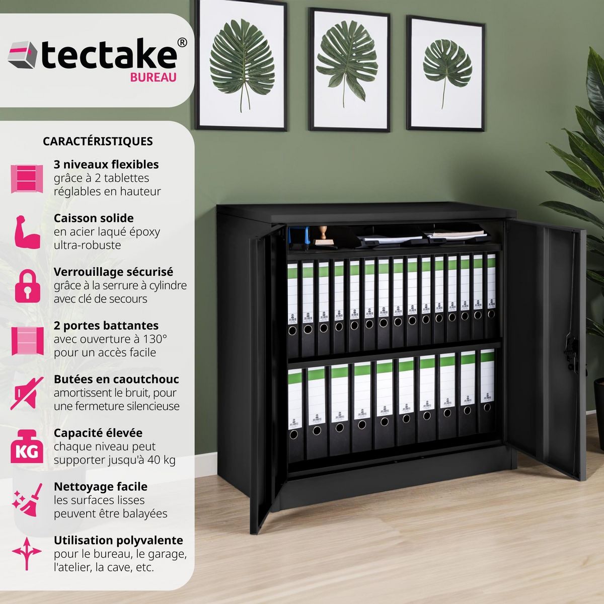 tectake Armoire de classement en métal en acier lâqué époxy noir