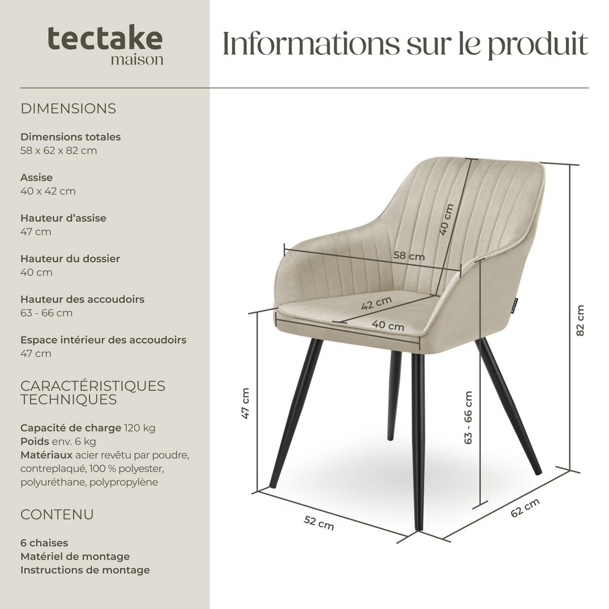 tectake Chaise de salle à manger en velours matelassée et capitonnée crème/noir Lot de 6