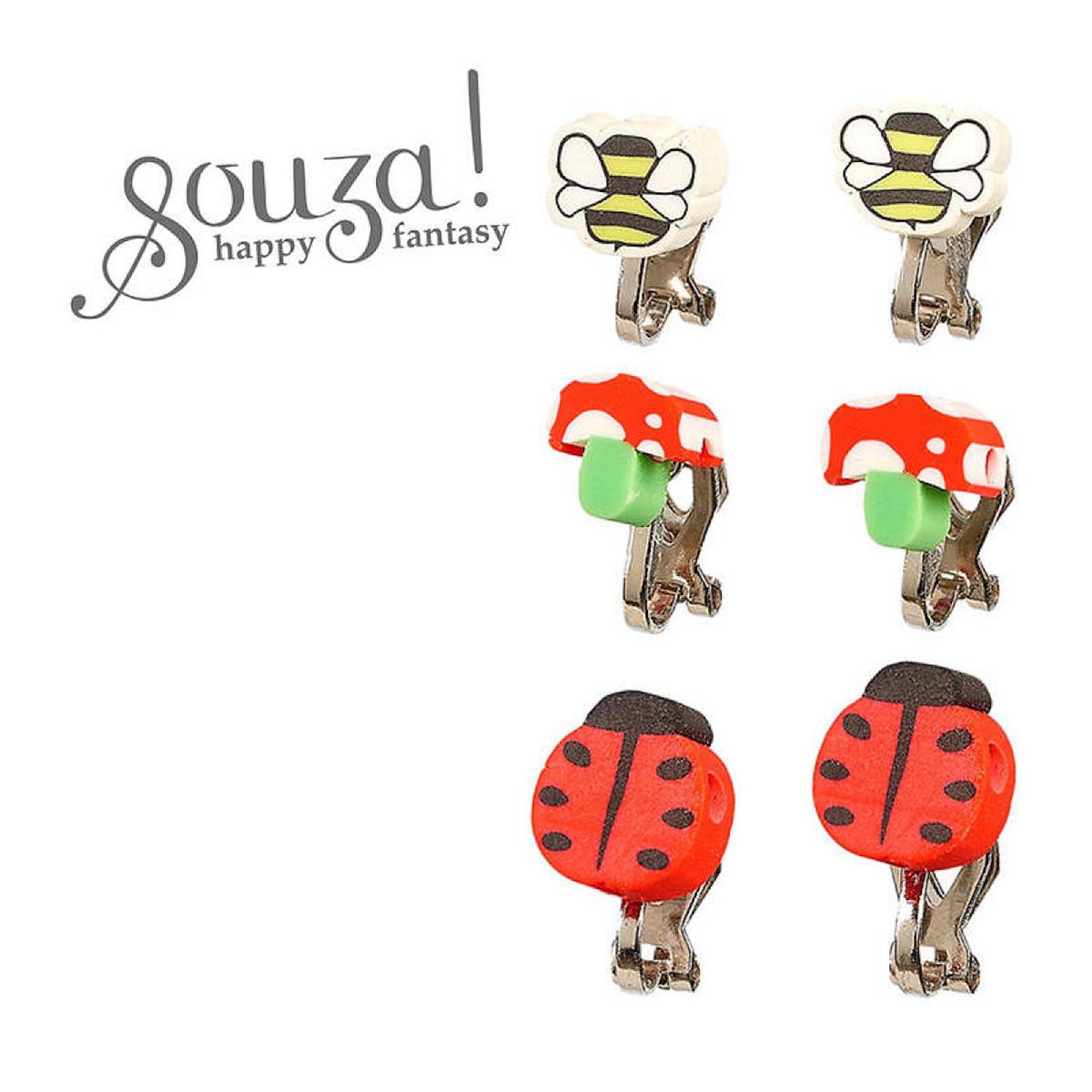 SOUZA Set de 3 boucles d'oreilles à clips - abeille champignon et coccinnelle
