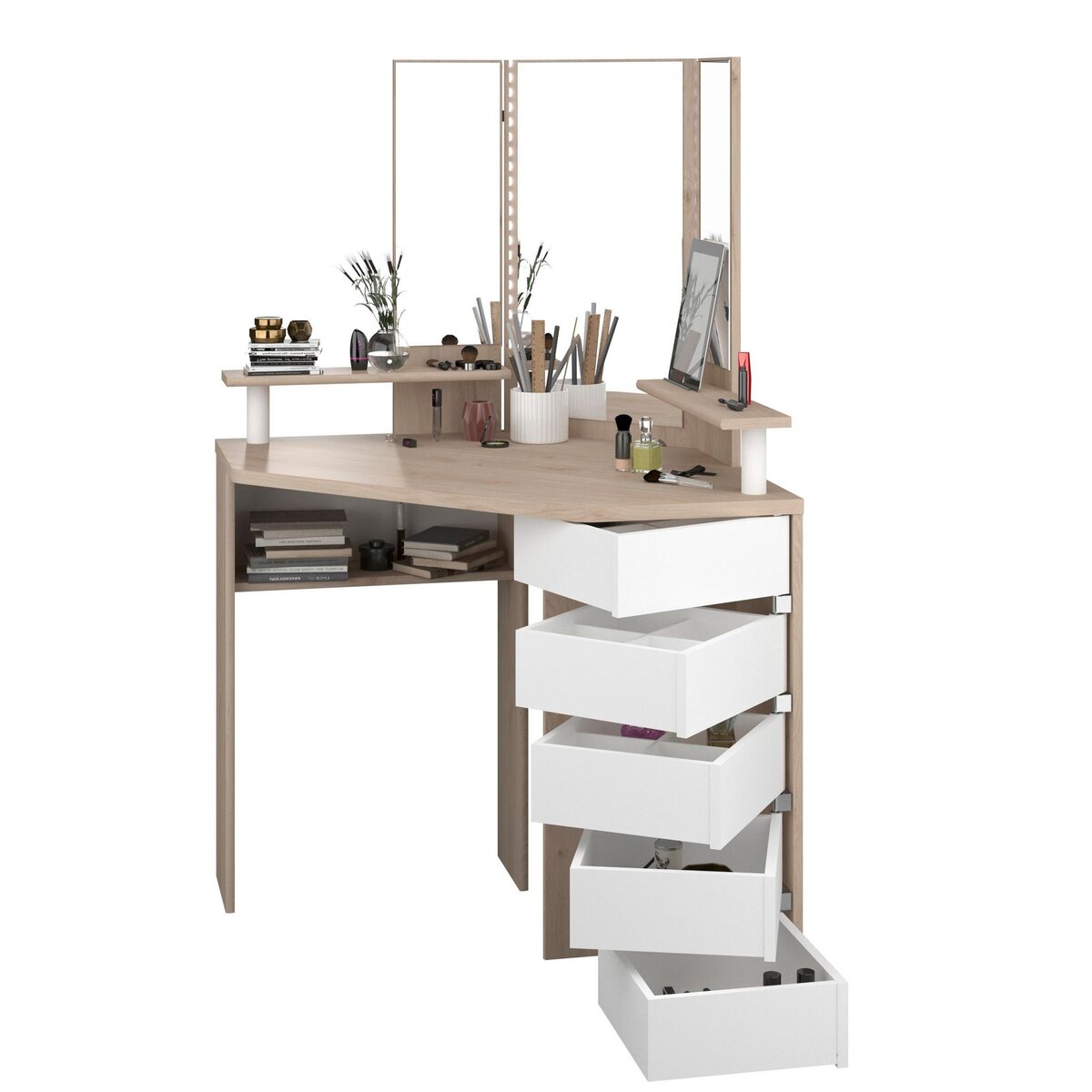 Coiffeuse d'angle avec LED 3 miroirs 5 tiroirs pivotants GIRLY