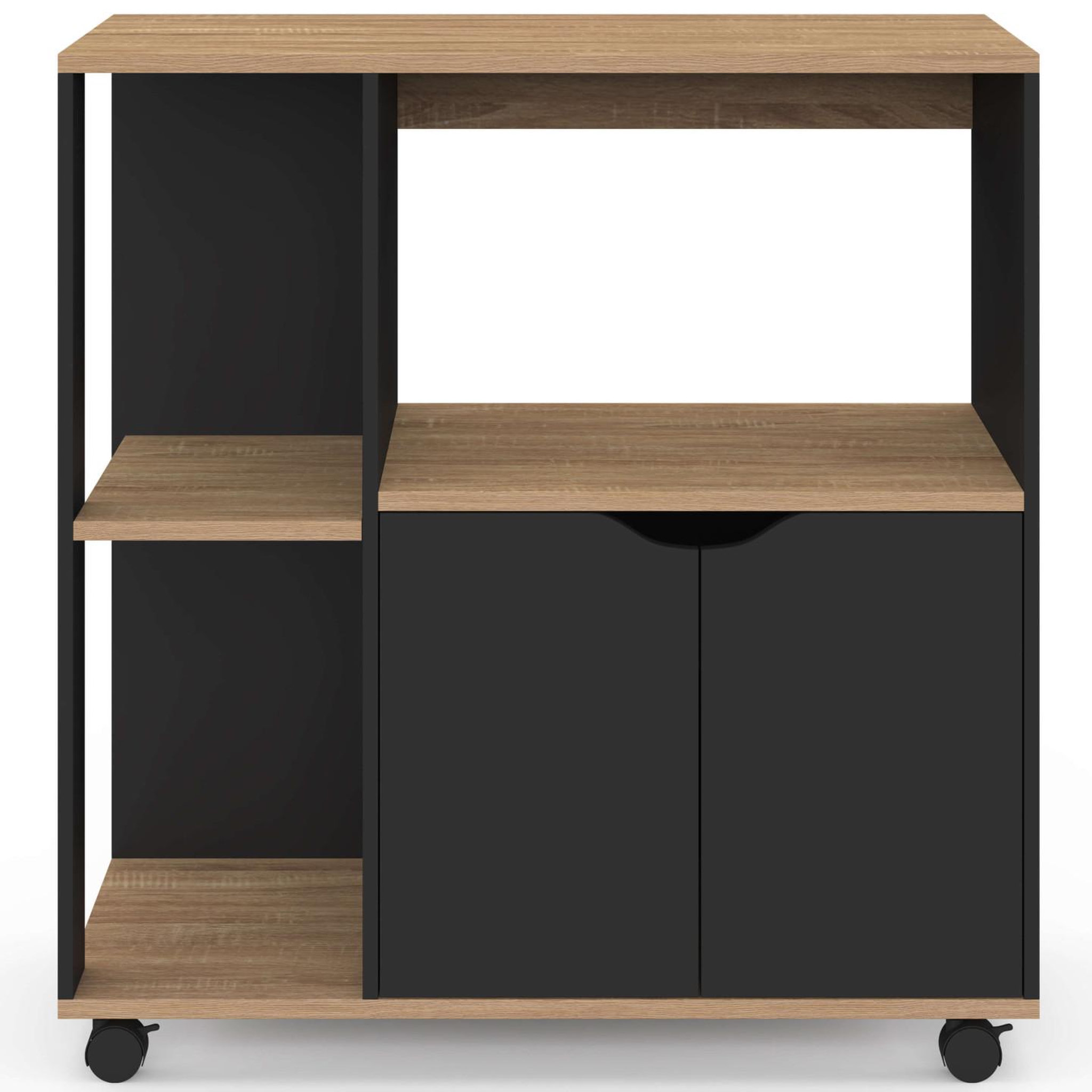 Voir la diapositive 3 : ID MARKET Desserte de cuisine cosi bois noir et plateaux façon hêtre l.76 cm