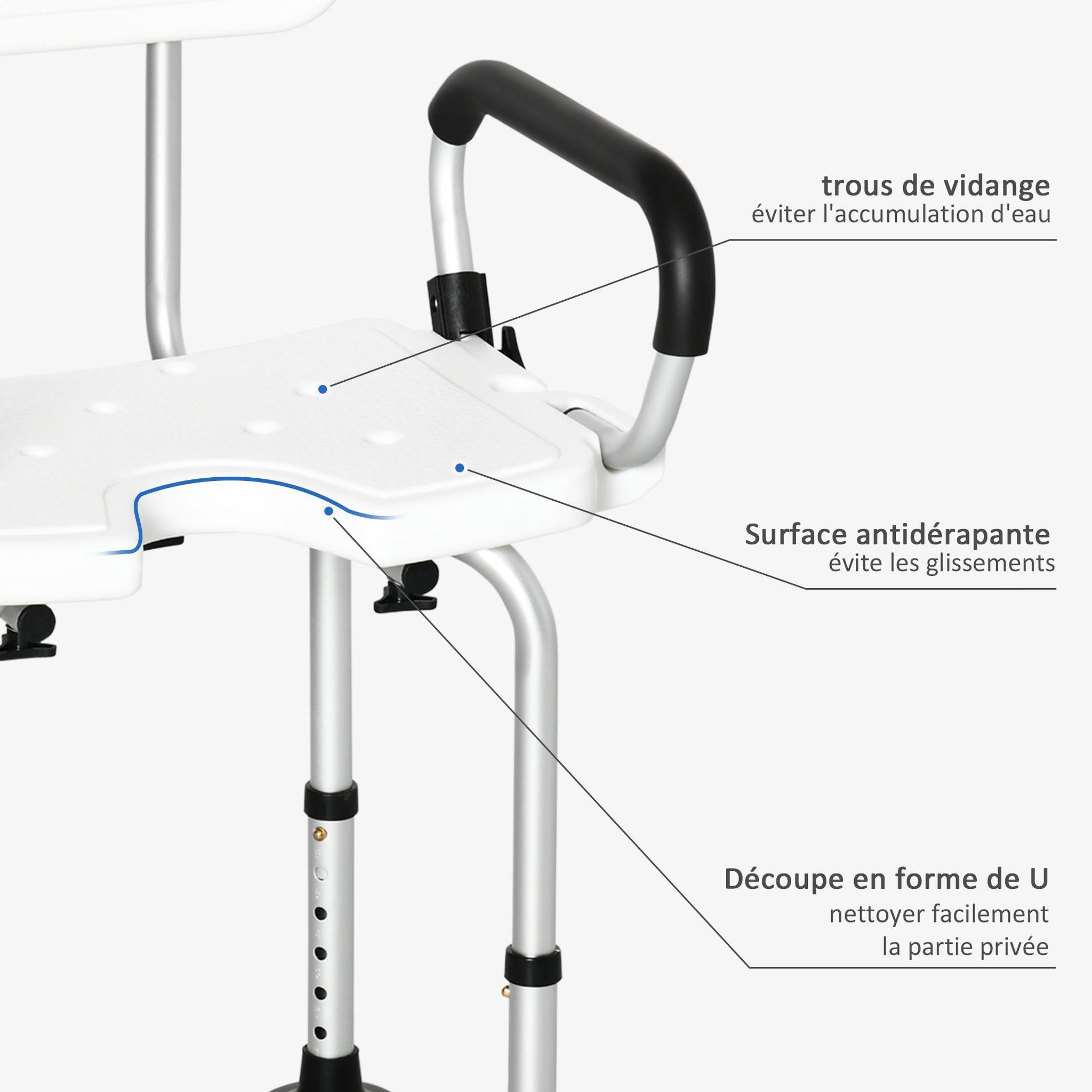 Voir la diapositive 4 : HOMCOM Chaise de douche siège de douche ergonomique hauteur réglable pieds antidérapants accoudoirs alu hdpe blanc noir