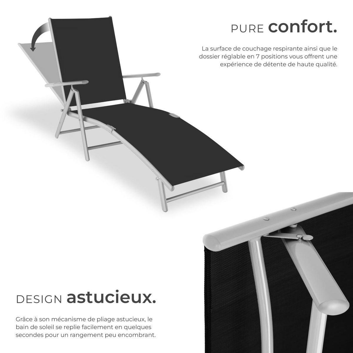 tectake Transat en acier pliable noir/gris