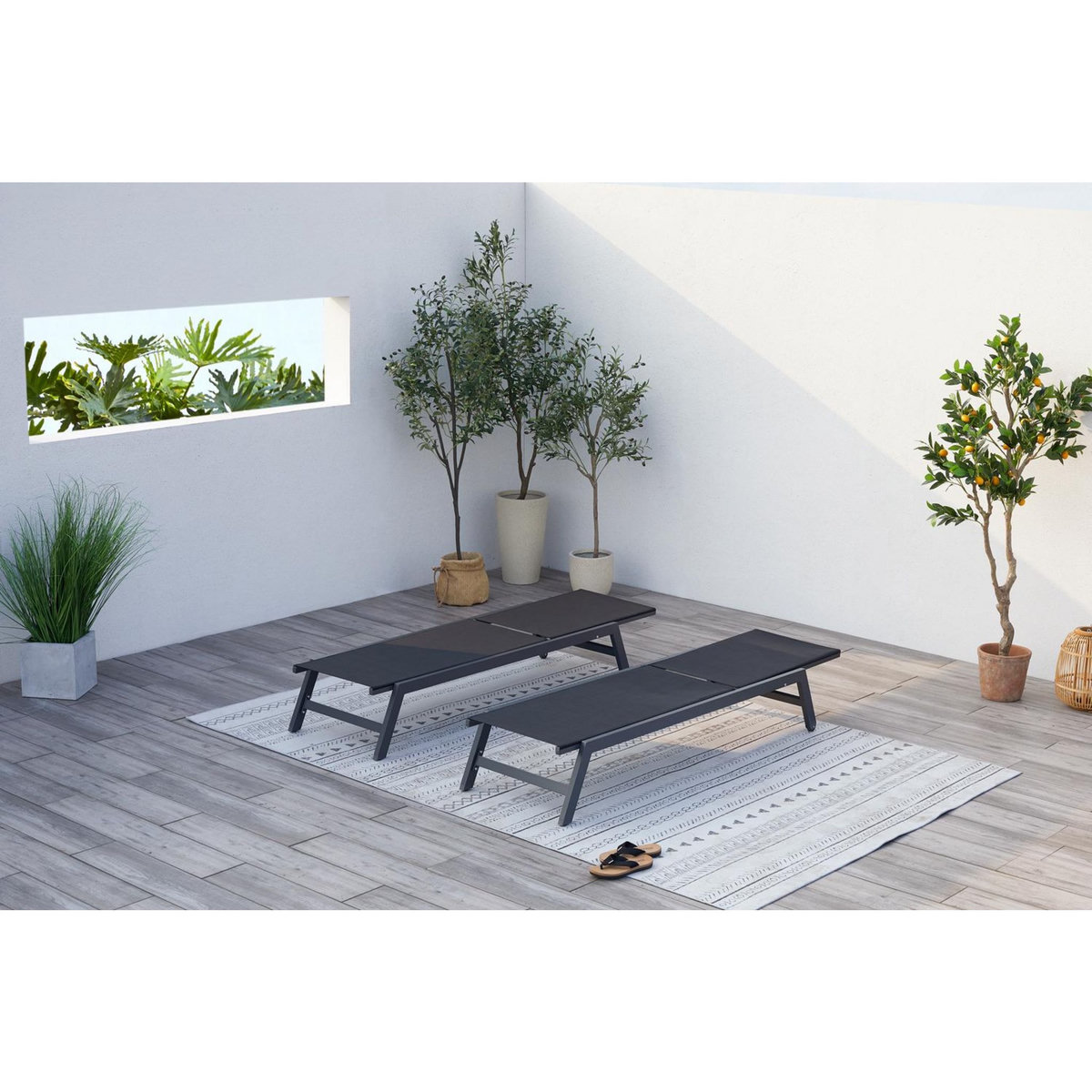 CONCEPT USINE Lot de 2 transats avec roulettes gris foncé et noir PRATO