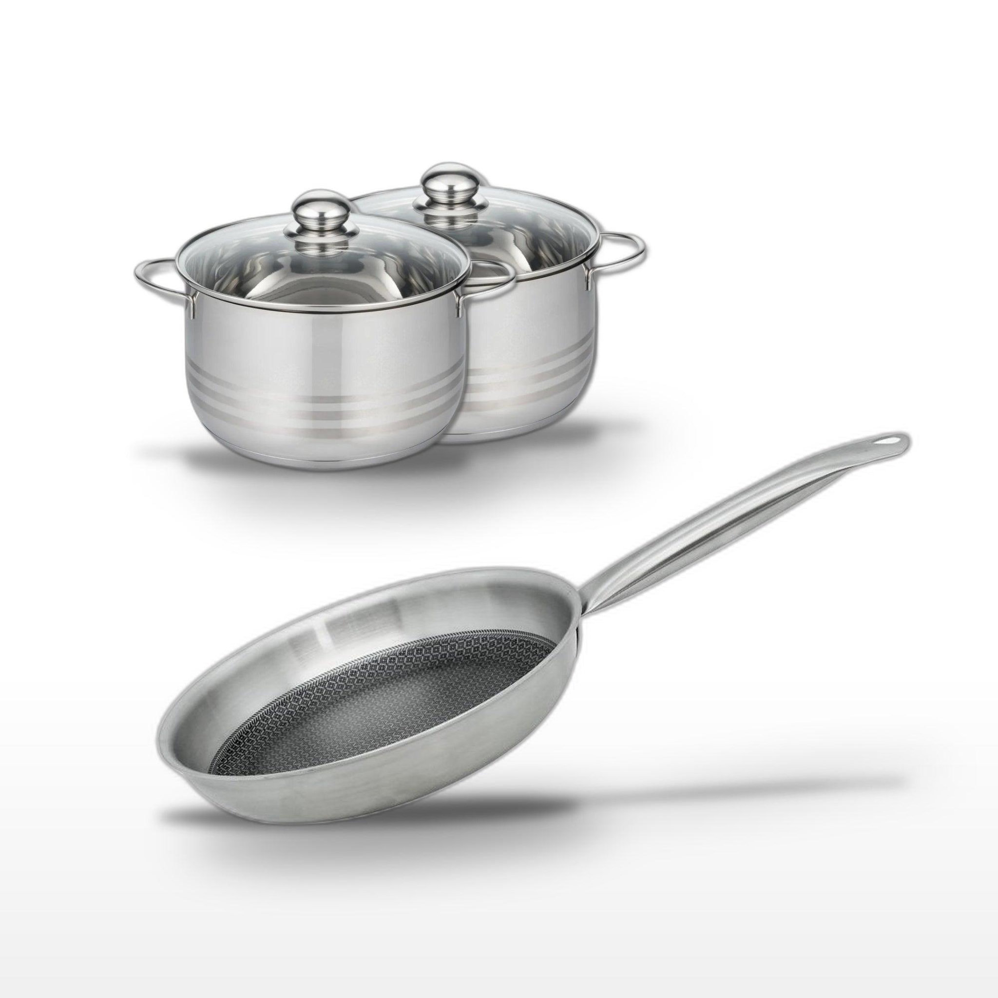 ELO Batterie de cuisine avec 1 poêle de cuisson 24 cm et 2 faitouts 20/24 cm en acier inoxydable sans pfas elo collection relief solution brillant