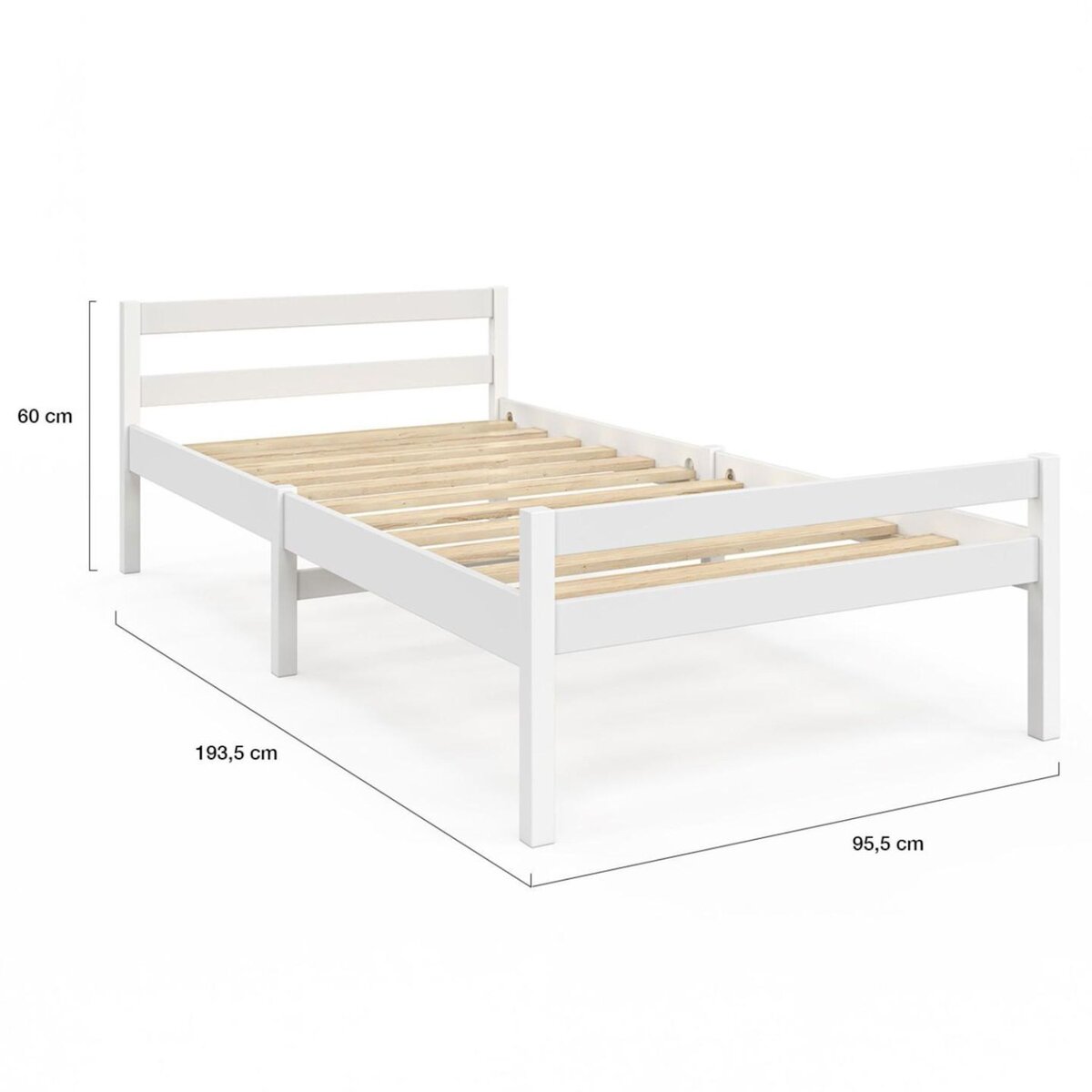 ID MARKET Lit simple HARPER 90 x 190 cm avec sommier bois blanc