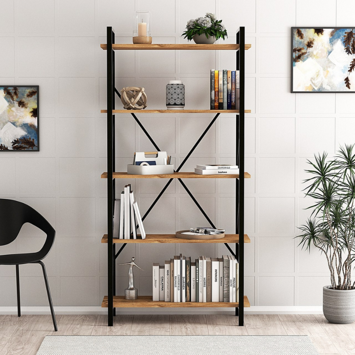 CONCEPT USINE Bibliothèque design en métal - 5 étagères - bois et noir FANI