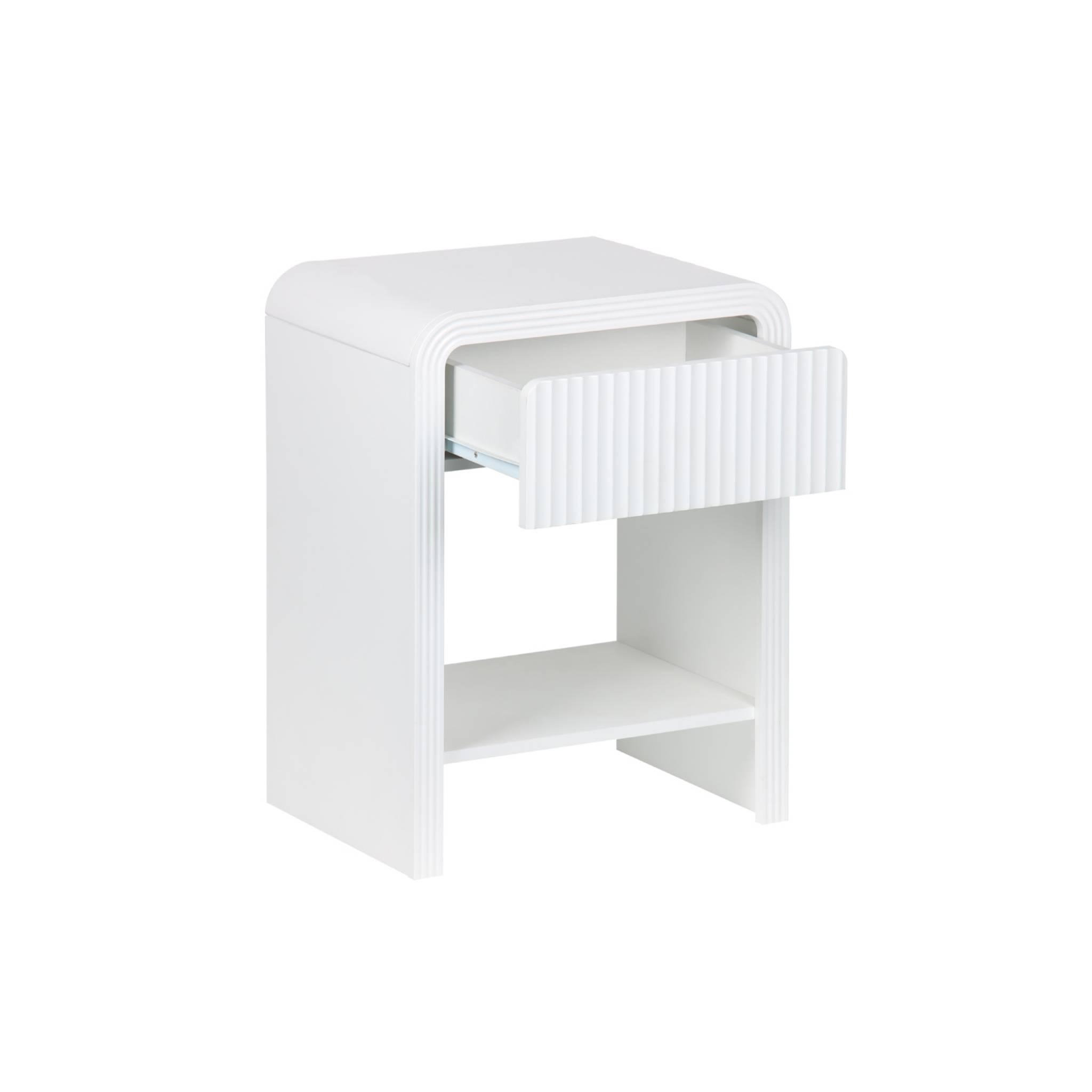 Voir la diapositive 4 : SWEEEK Table de chevet effet bois blanc rainuré 1 tiroir. 1 étagère
