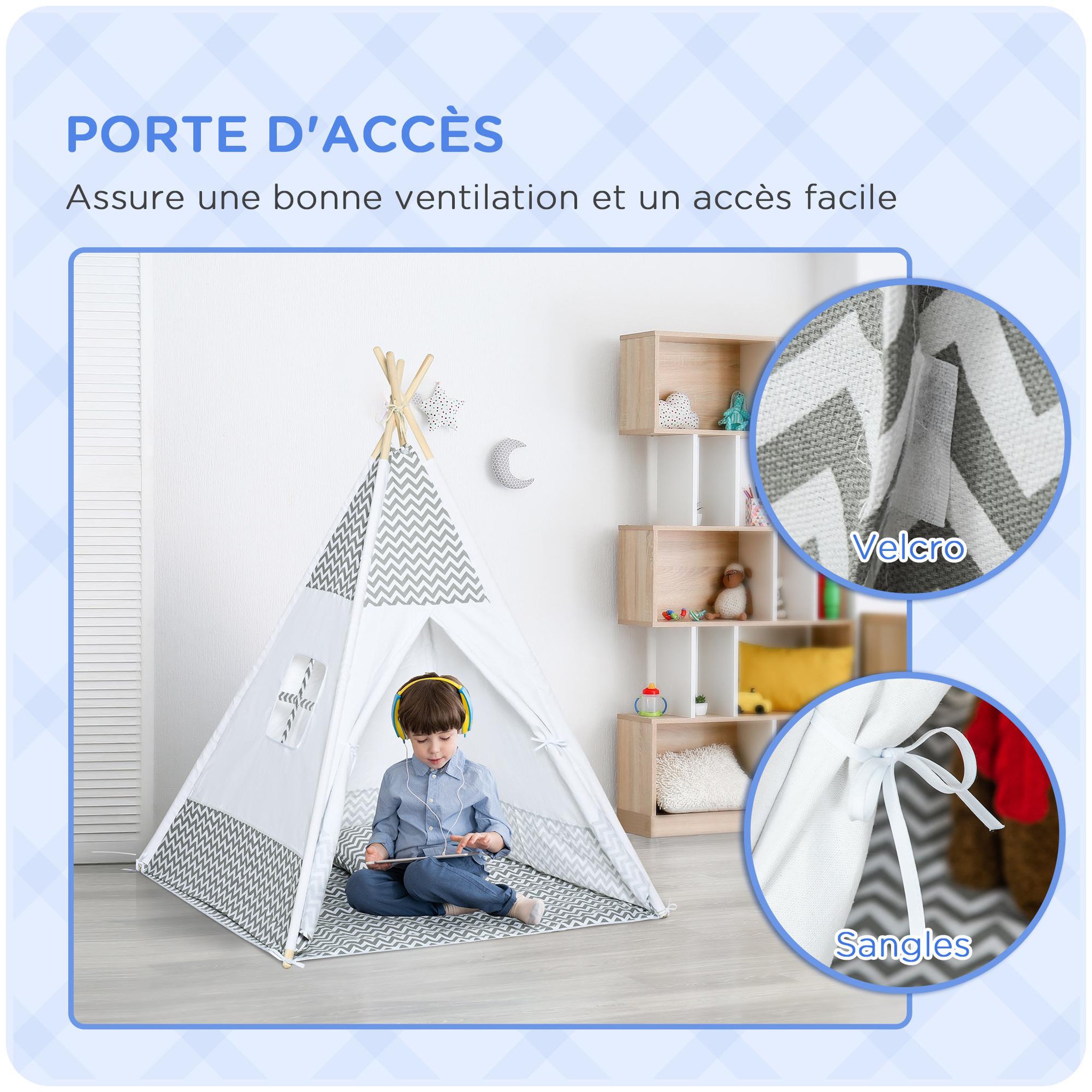 Voir la diapositive 6 : HOMCOM Tente teepee indien enfant style graphique - dim. 1,2L x 1,2I x 1,55H m - porte refermable, fenêtre, tapis, coussin, sac transport inclus - structure bois, toile polyester coton gris blanc