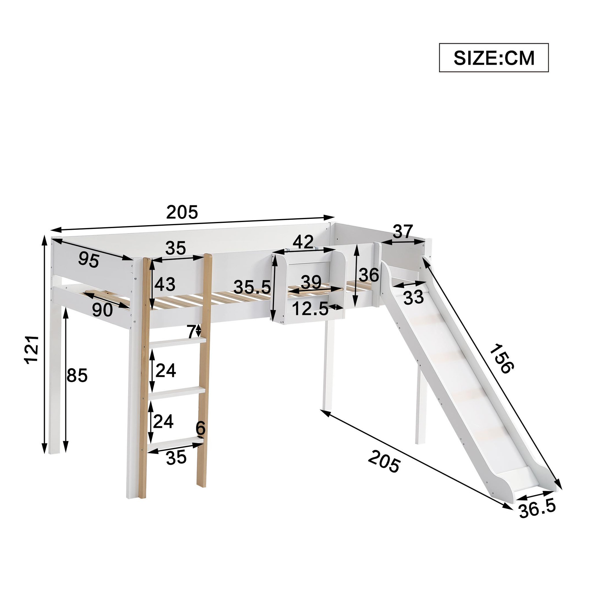 Voir la diapositive 3 : MERAX Lit enfant mi hauteur 90x200cm pin coloris blanc+naturel