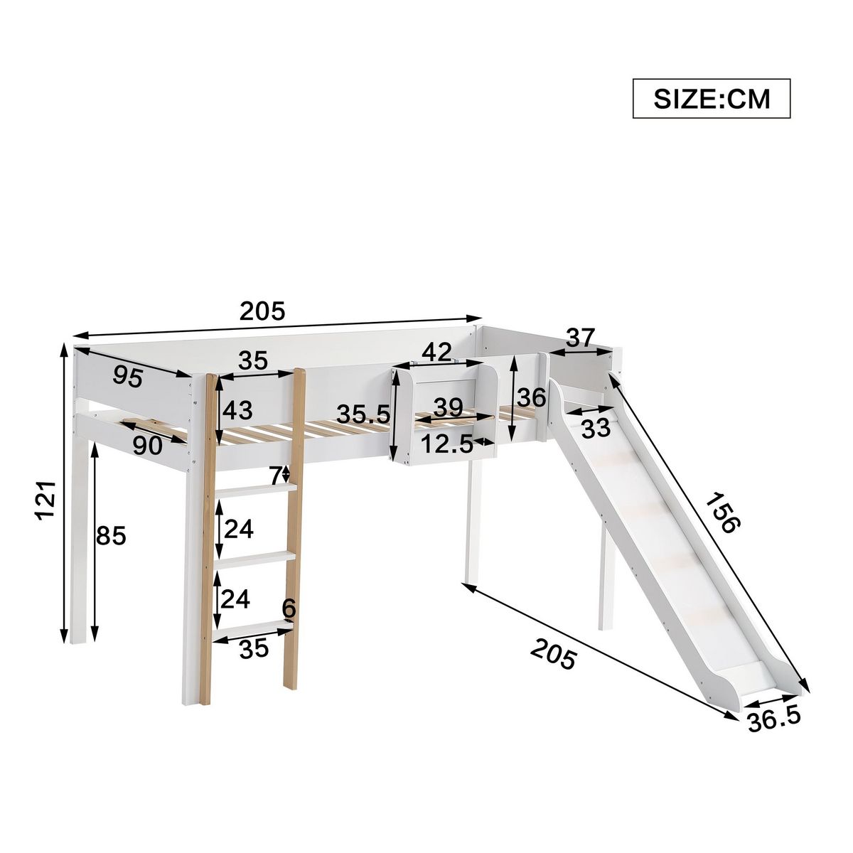 MERAX Lit enfant mi hauteur 90x200cm pin coloris blanc+naturel
