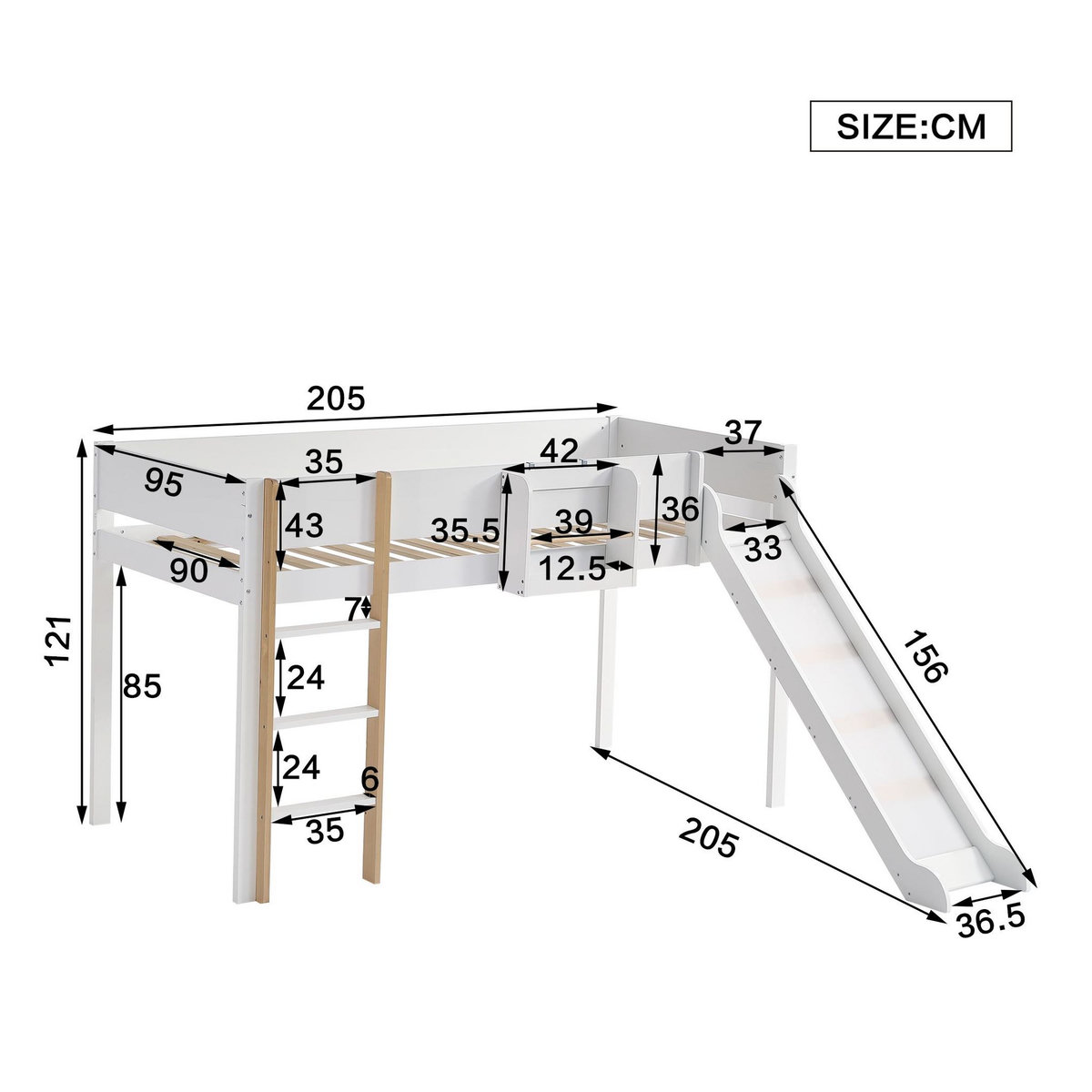MERAX Lit enfant mi hauteur 90x200cm pin coloris blanc+naturel