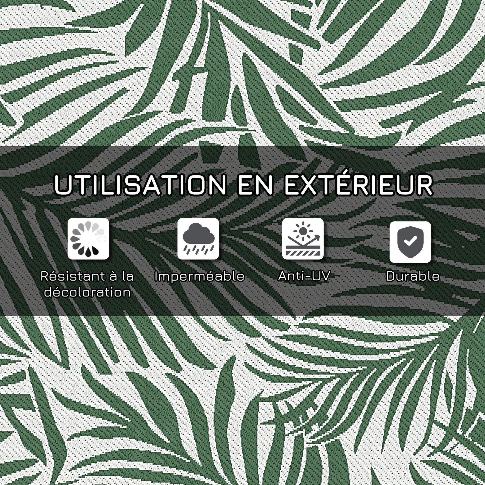 Voir la diapositive 4 : OUTSUNNY Tapis extérieur motif feuilles - tapis réversible - dim. 2,43L x 1,52l m, ép. 3 mm - PP haute densité 310 g/m² vert blanc