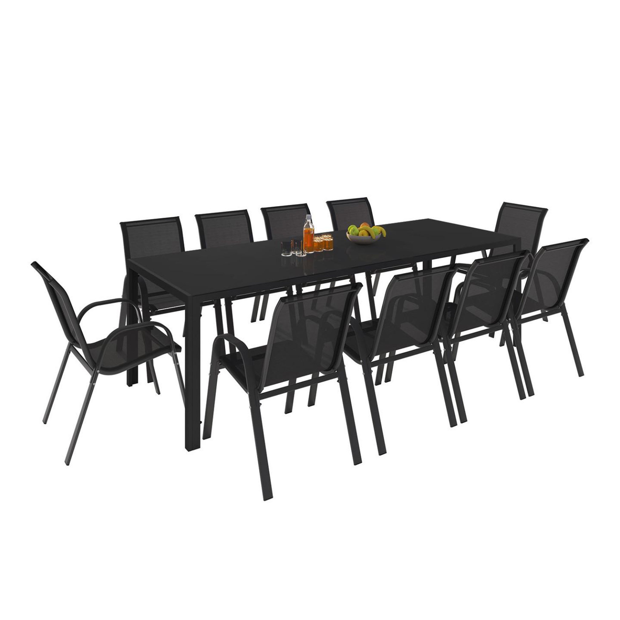 ID MARKET Salon de jardin madrid table 240 cm et 10 chaises empilables noir