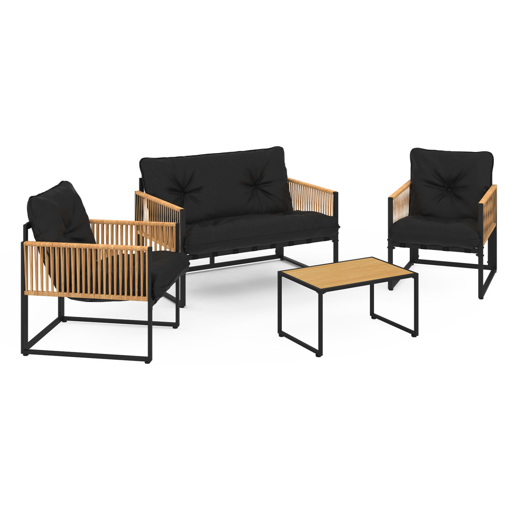 ID MARKET Salon de jardin bas rio 4 places structure métal noir, cordage effet rotin clair et coussins noirs
