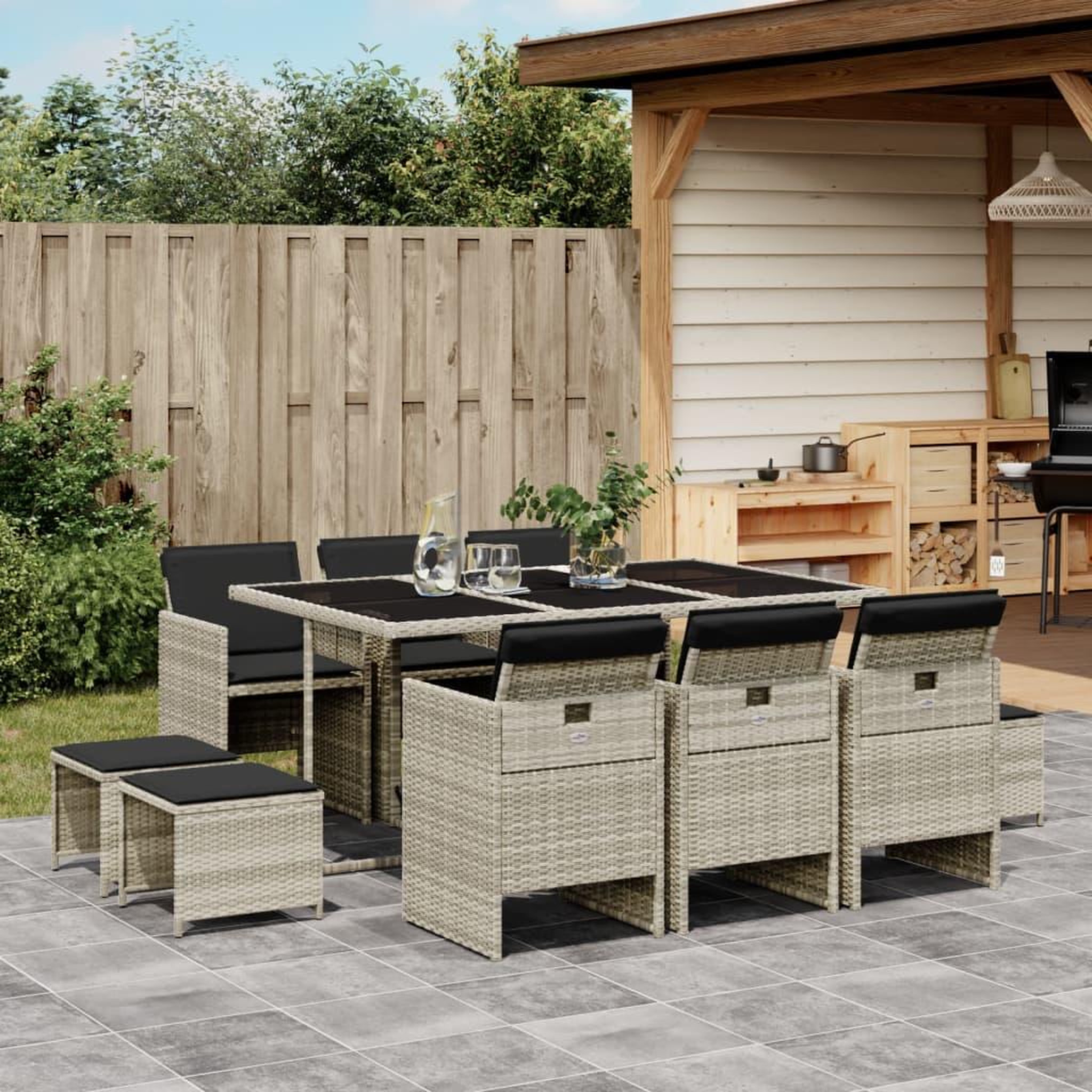 VIDAXL Ensemble a manger de jardin 11pcs avec coussins gris poly rotin