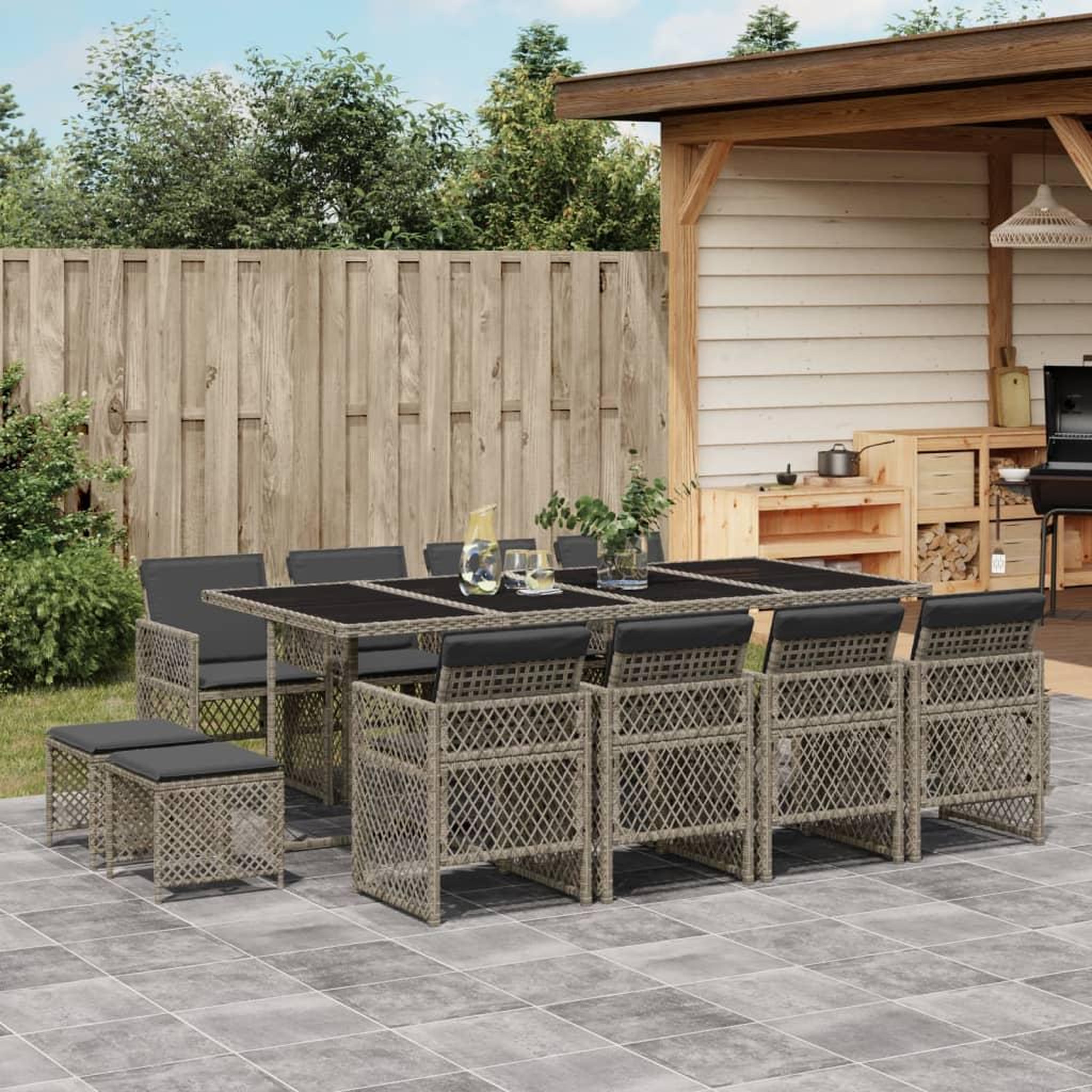VIDAXL Ensemble a manger de jardin coussins 13 pcs gris resine tressee