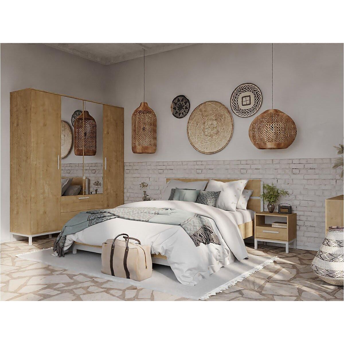 Habitat et Jardin Lit Double  Craft  - 160 x 200 cm - Marron/Blanc