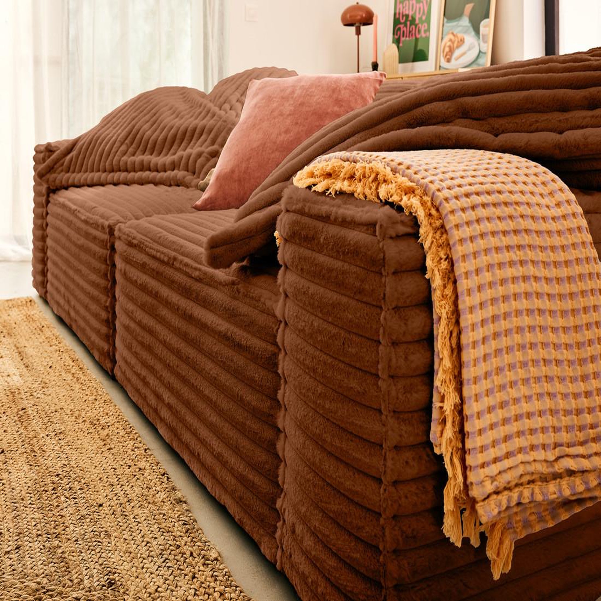 Voir la diapositive 3 : LISA DESIGN Richie - canapé droit 3 places avec double méridienne - assise profonde - en fausse fourrure côtelée