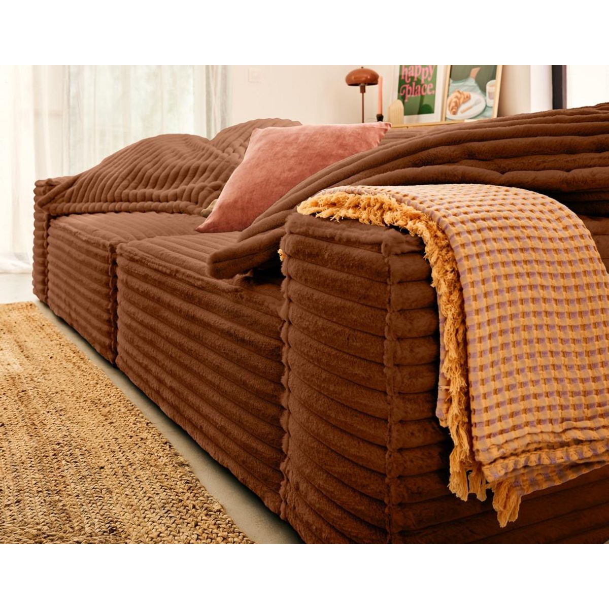 LISA DESIGN Richie - canapé droit 3 places avec double méridienne - assise profonde - en fausse fourrure côtelée