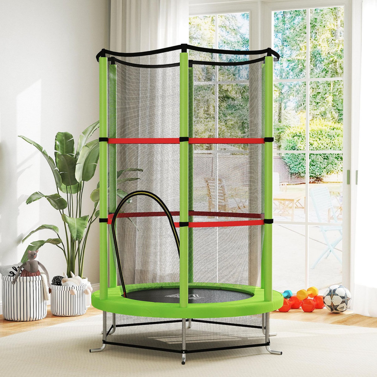 HOMCOM Trampoline enfant Ø140 cm max. 45 Kg - filet sécurité, porte zippée, 6 poteaux rembourrés - vert