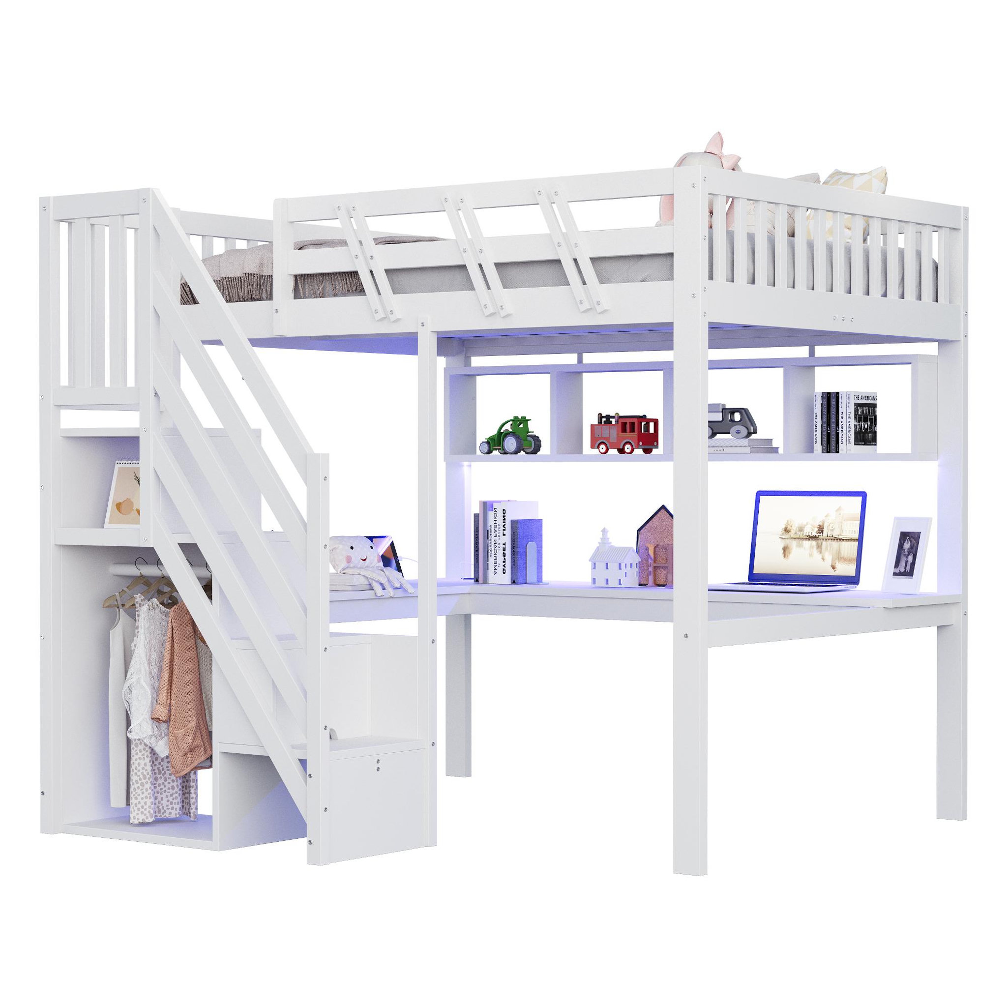 MERAX Lit mezzanine 140x200 cm coloris blanc led bois massif