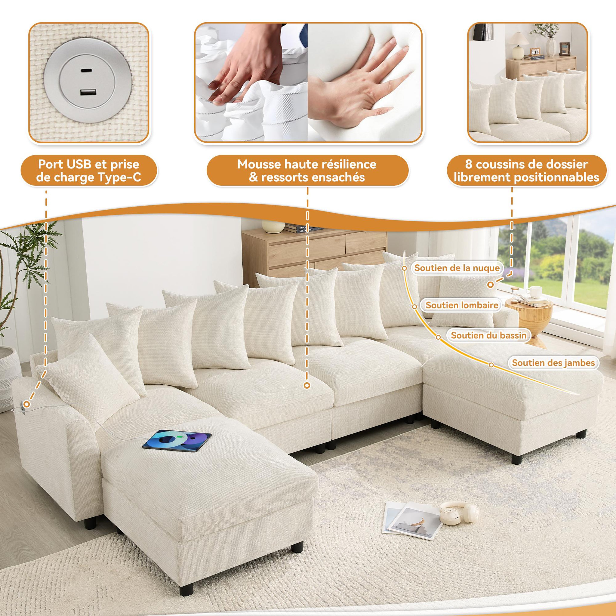 Voir la diapositive 6 : MERAX Canapé d'angle modulable 6 places u/l avec 2 poufs usb type-c tissu chenille