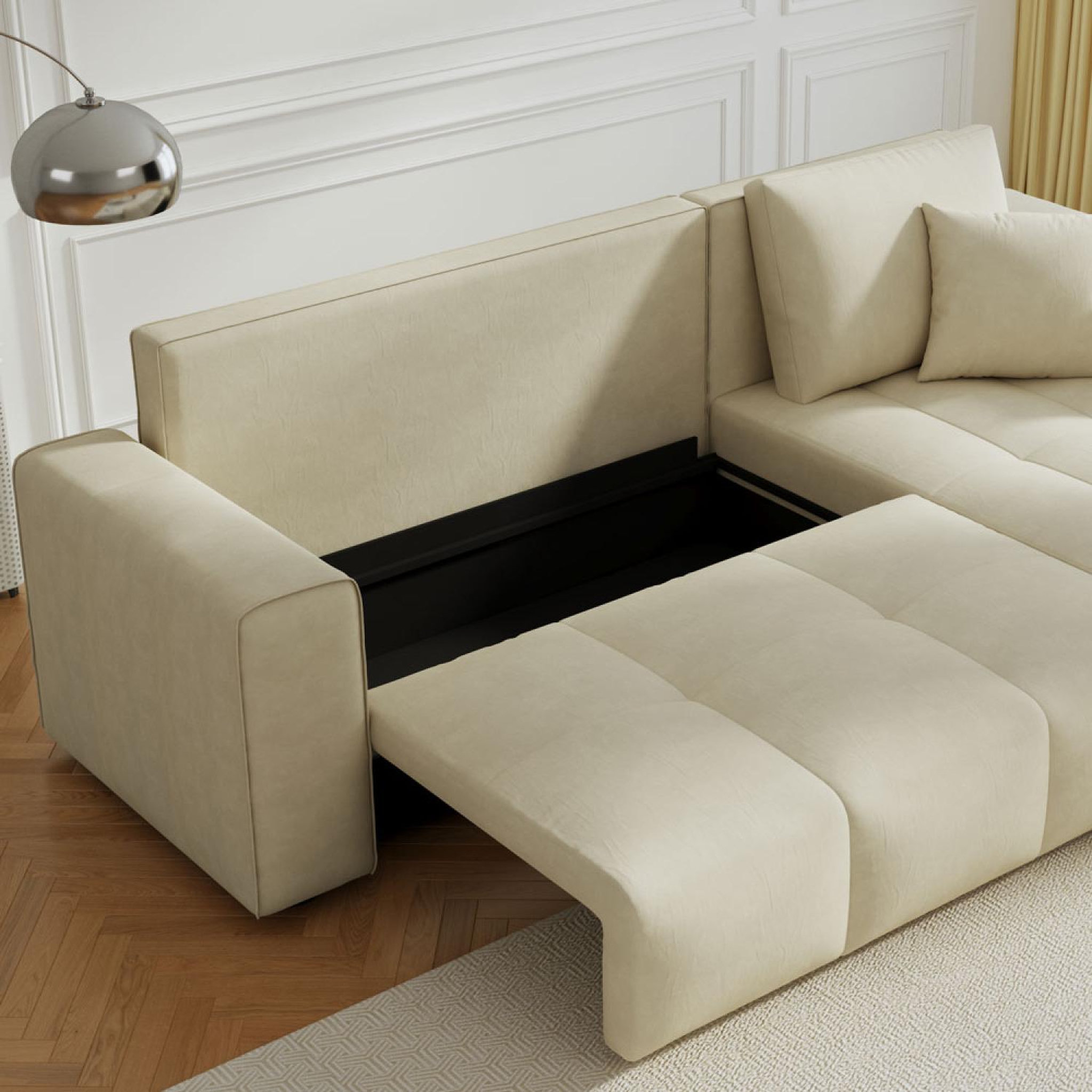 Voir la diapositive 5 : CONCEPT USINE Canapé d'angle convertible 4 places avec coffre en velours beige brighton