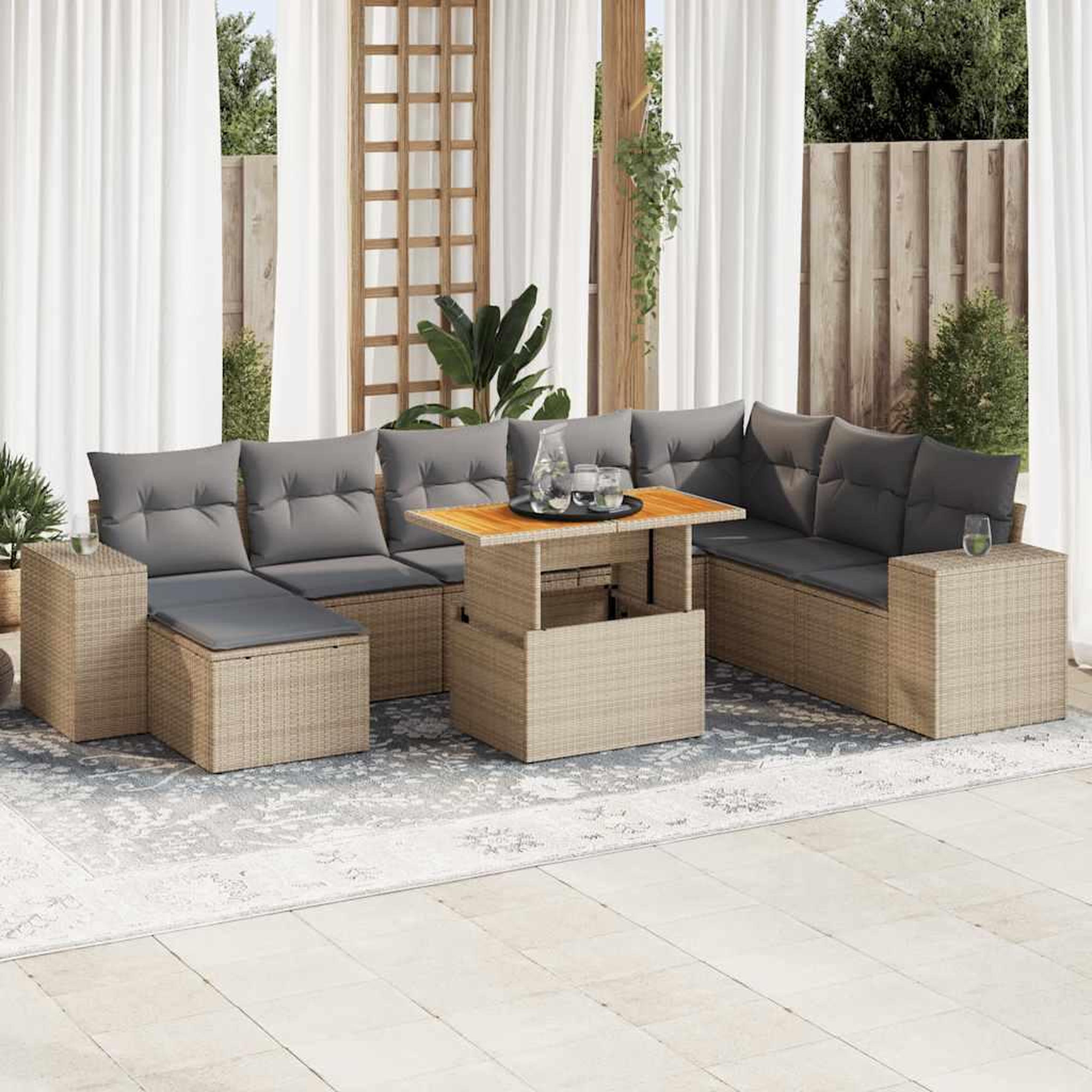 VIDAXL Salon de jardin avec coussins 9 pcs beige resine tressee acacia