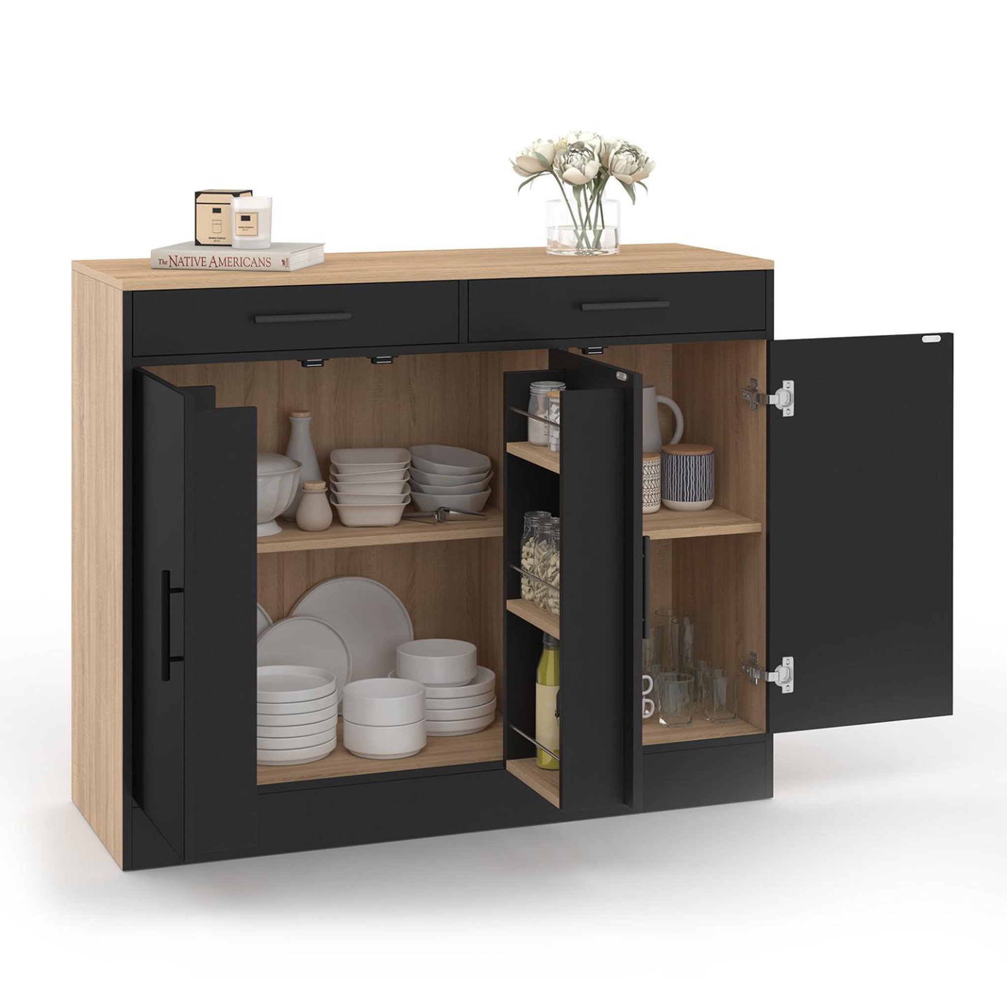 ID MARKET Buffet bas de cuisine 110 cm ALTO avec rangements façon hêtre et noir