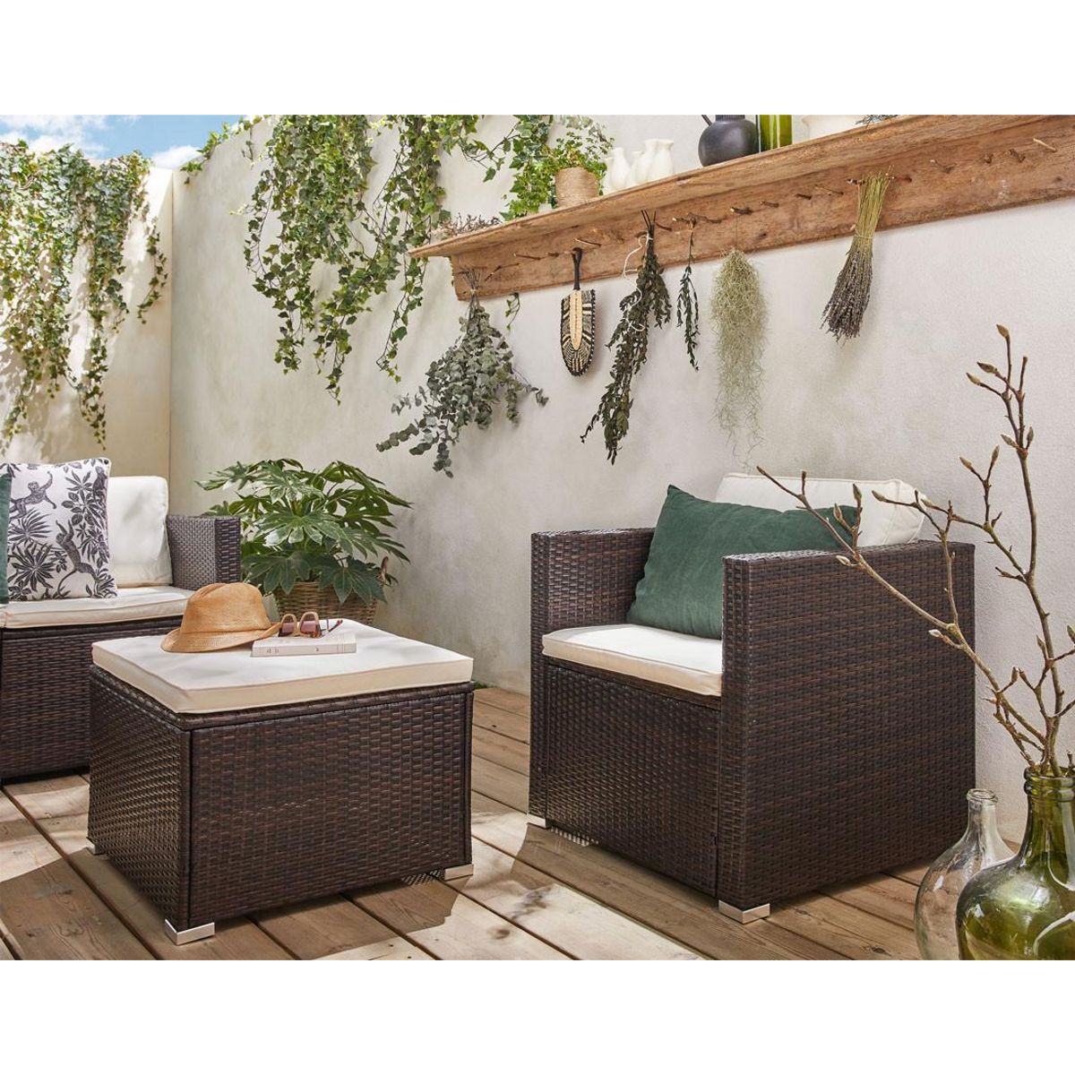 BEST MOBILIER Wanaka - salon bas de jardin 5 places - résine tressée et coussins beiges