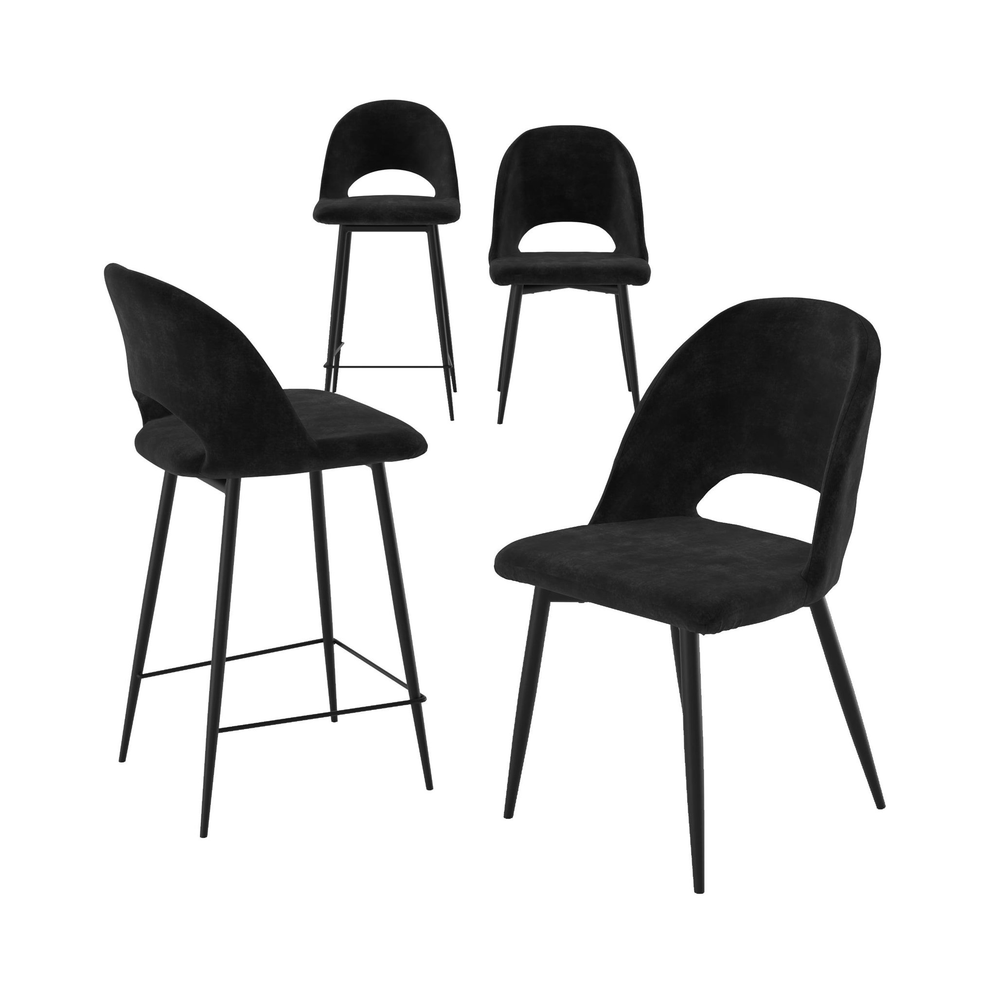 MAISON PAVANE Pack 2 chaises et 2 chaises de bar 65 cm en velours noir-pénélope