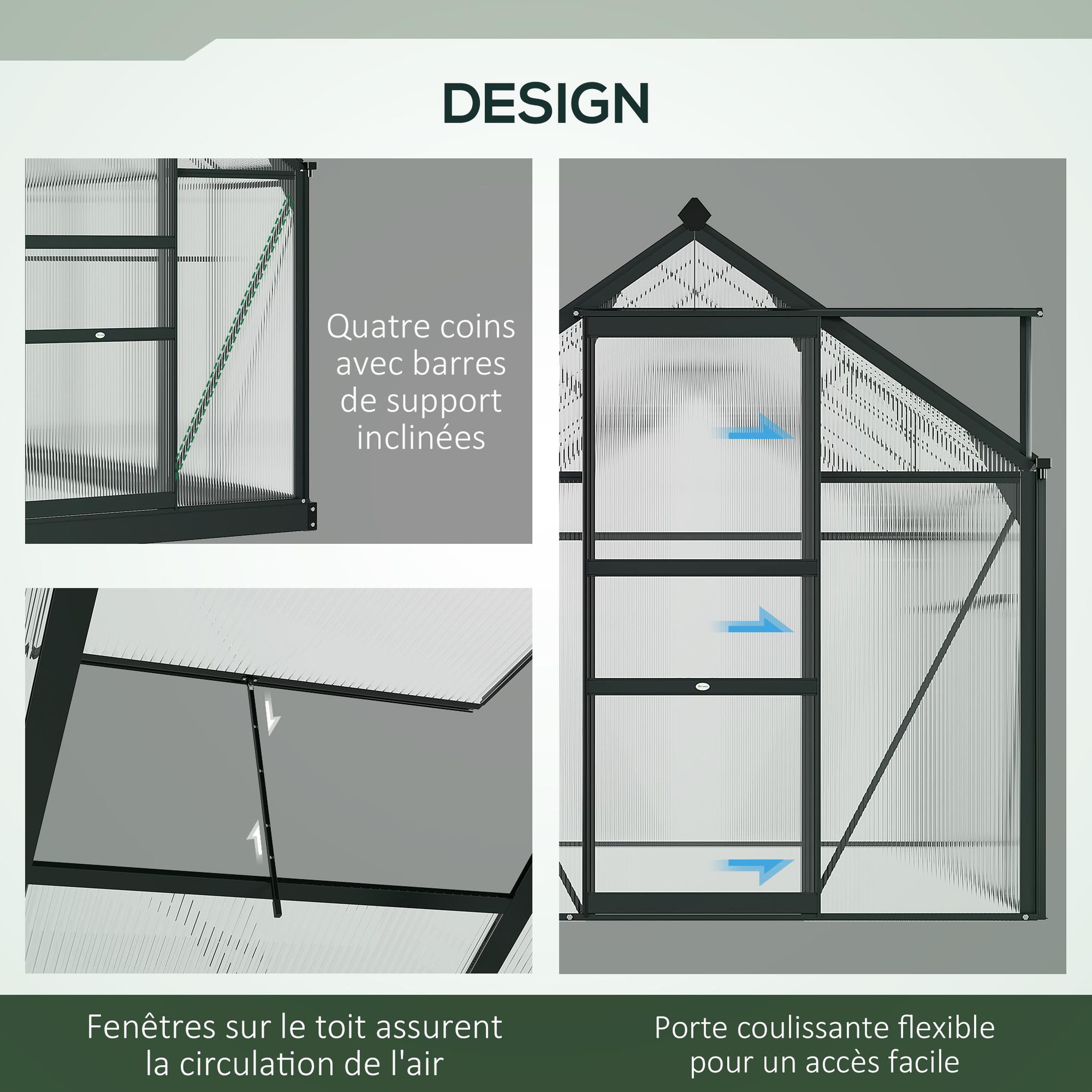Voir la diapositive 5 : OUTSUNNY Serre de jardin aluminium polycarbonate 3,65 m² dim. 1,9l x 1,92l x 2,01h m lucarne, porte coulissante + fondation incluse alu. Gris polycarbonate transparent