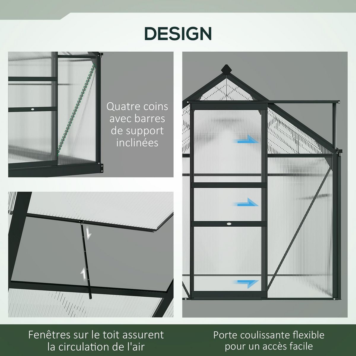 OUTSUNNY Serre de jardin aluminium polycarbonate 3,65 m² dim. 1,9L x 1,92l x 2,01H m lucarne, porte coulissante + fondation incluse alu. gris polycarbonate transparent