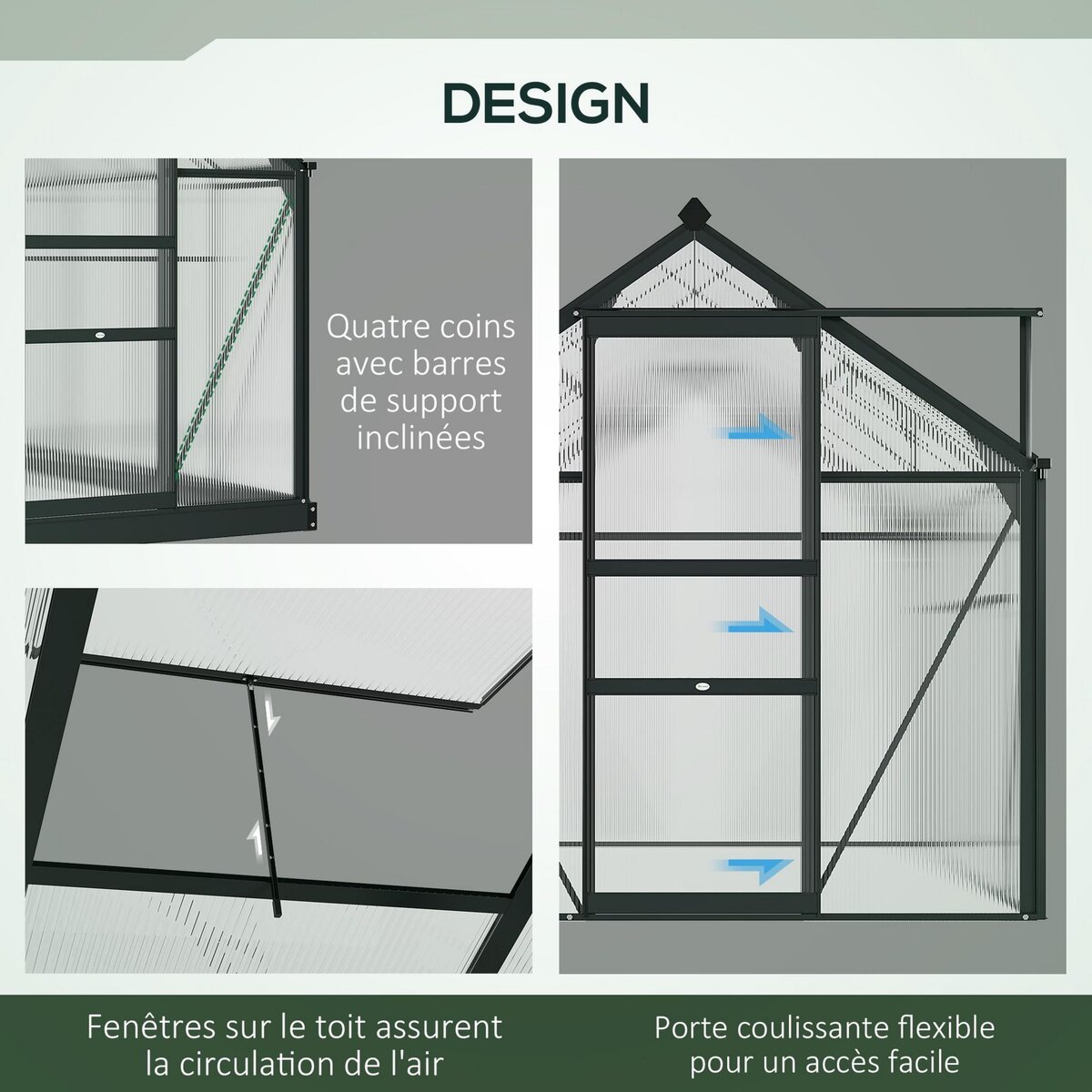 OUTSUNNY Serre de jardin aluminium polycarbonate 3,65 m² dim. 1,9L x 1,92l x 2,01H m lucarne, porte coulissante + fondation incluse alu. gris polycarbonate transparent