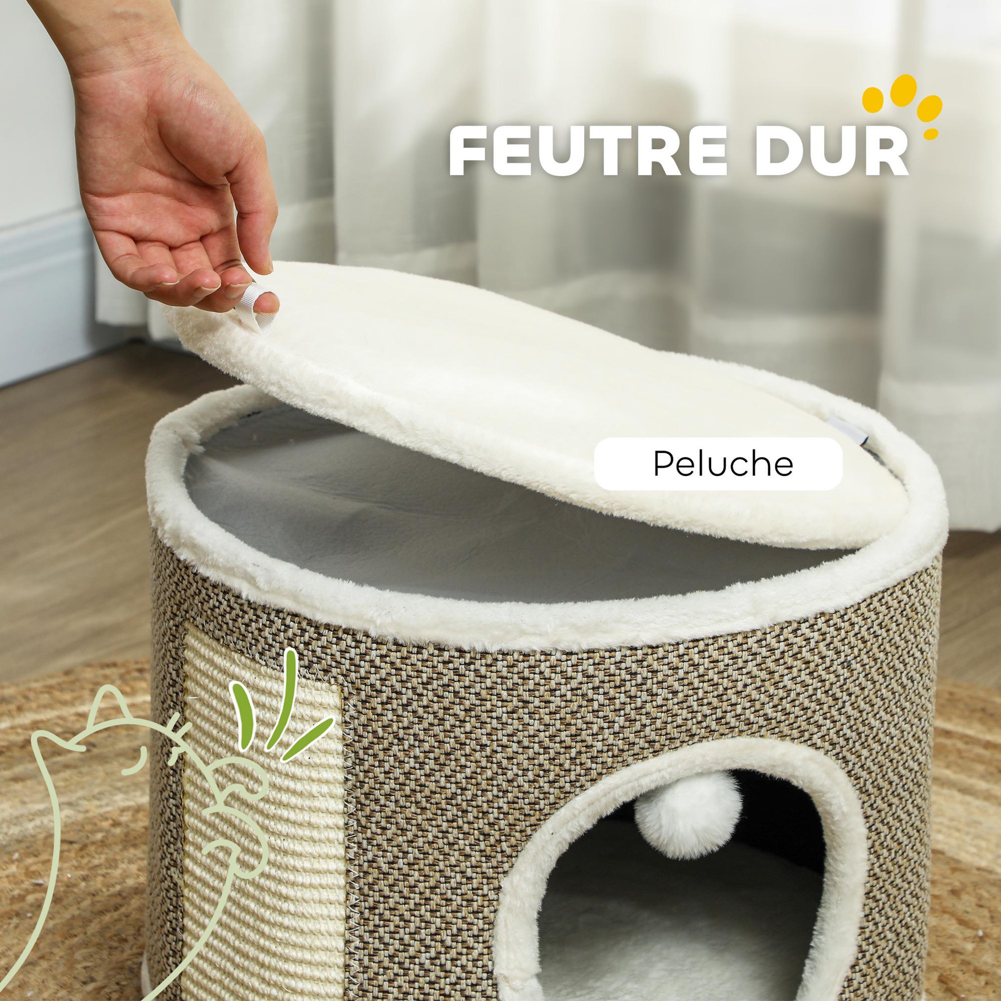 Voir la diapositive 5 : PAWHUT Panier niche griffoir grattoir 4 en 1 - 2 coussins, pompon - sisal naturel peluche crème café