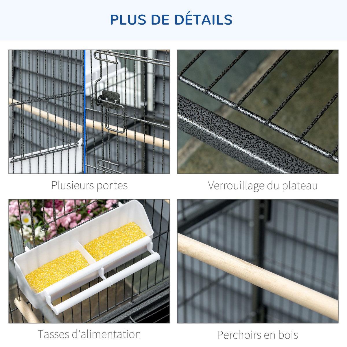 PAWHUT Cage oiseau mobile dim. 78x52x132cm - 4 perchoirs, mangeoires, plateau déjection, étagère - acier époxy gris moucheté