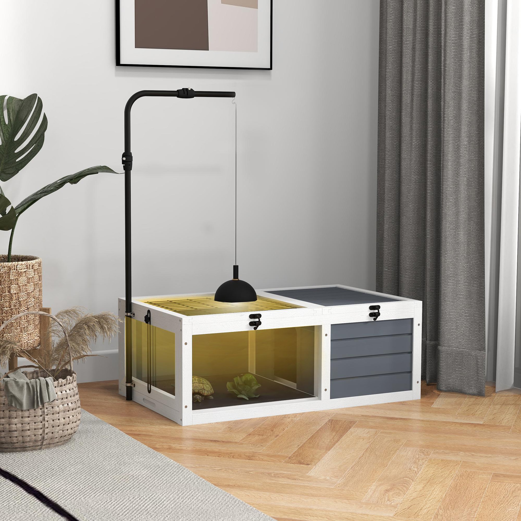 Voir la diapositive 4 : PAWHUT Maison enclos cage pour tortue petit animal avec 2 espaces support lampe réglable bois gris blanc