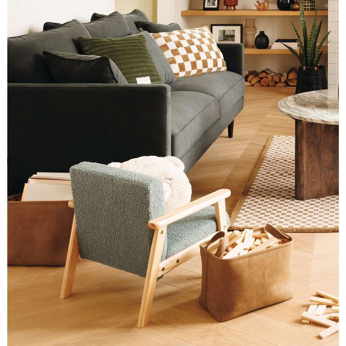 ATMOSPHERA Fauteuil enfant en bois et bouclette TEDDY - Vert céladon