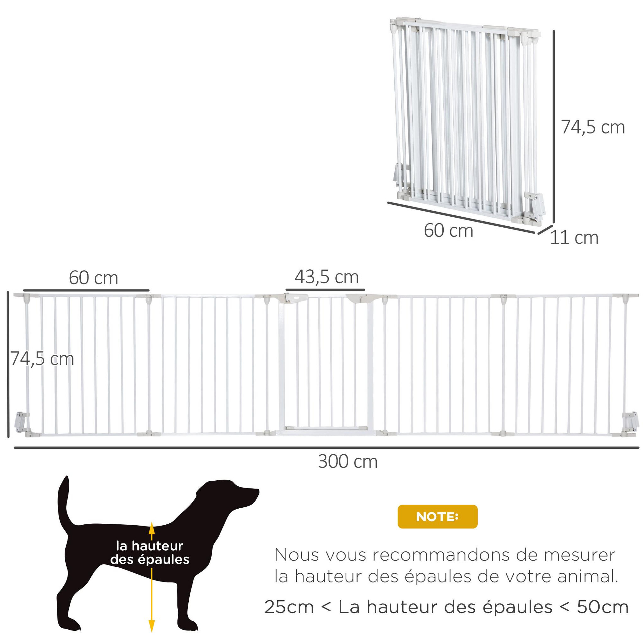 Voir la diapositive 3 : PAWHUT Barrière de sécurité parc enclos chien modulable pliable porte verrouillable intégrée 5 panneaux en métal 300l max. X 74,5h cm métal pp blanc