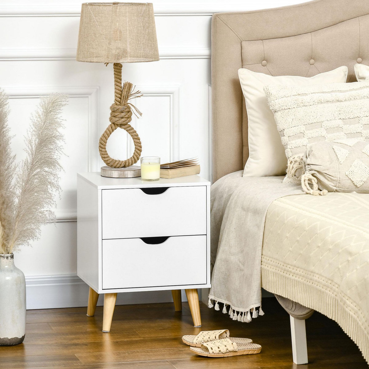 HOMCOM Chevet table de nuit design scandinave 2 tiroirs piètement bois pin panneaux particules blanc