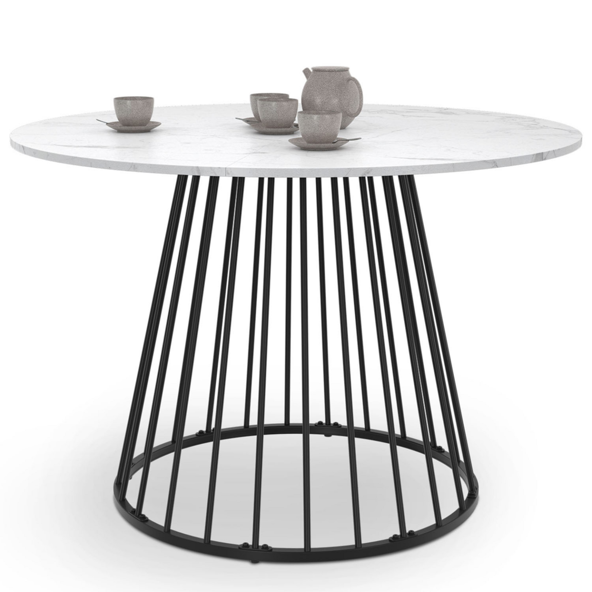 ID MARKET Table à manger ronde YUNA 6 personnes pied filaire en métal noir et plateau effet marbre blanc ALASKA 110 cm
