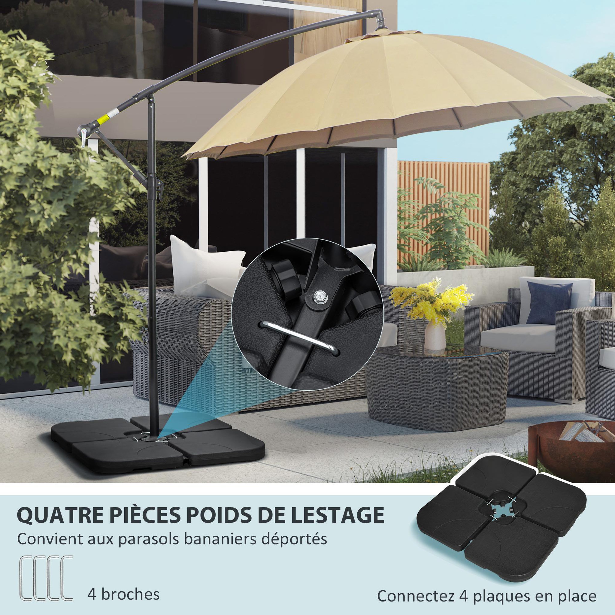 Voir la diapositive 4 : OUTSUNNY Pied de parasol lot de 4 dalles pour parasol à lester dim. tot. 104L x 104l x 7,5H cm HDPE noir