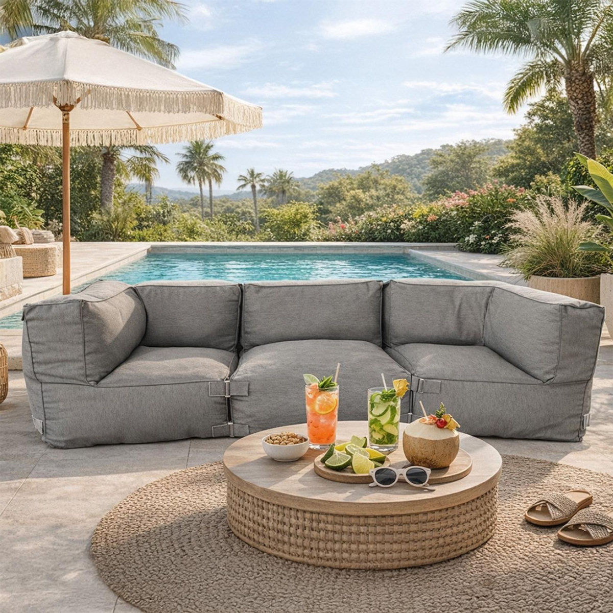 CONCEPT USINE Salon de jardin modulable 3 places gris en tissu déperlant PRAIANO