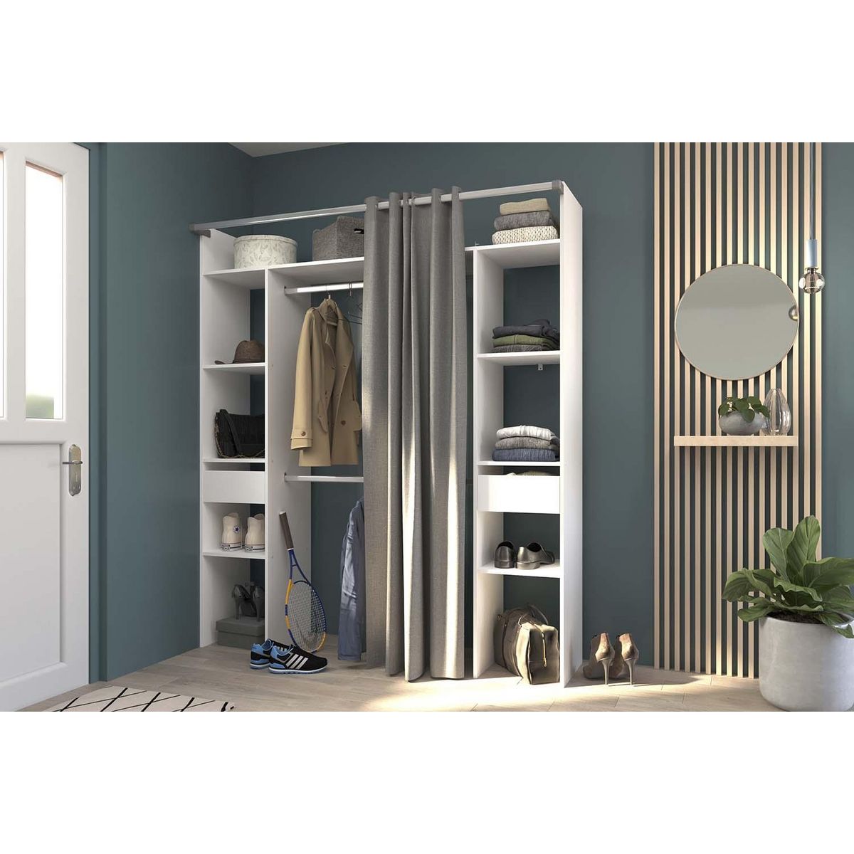 CONCEPT USINE Dressing blanc avec rideau gris 2 penderies, 6 étagères 2 tiroirs ELYSEE