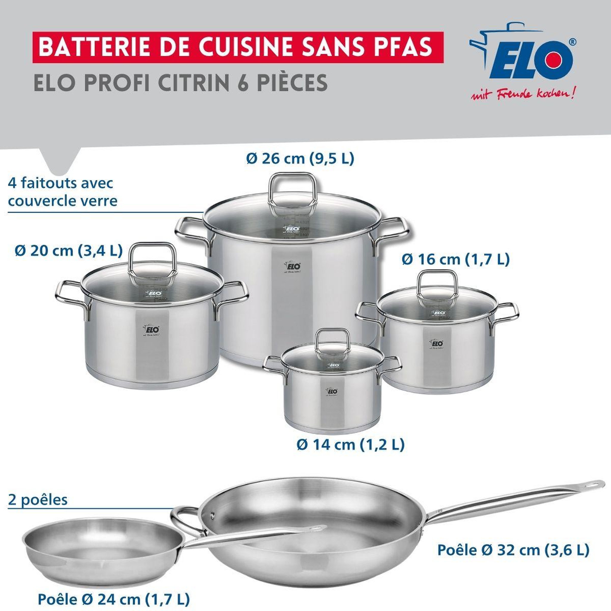 Voir la diapositive 2 : ELO Ensemble de 2 poêles de cuisson 24 et 32 cm et 4 faitouts 14, 16, 20 et 26 cm elo profi citrin