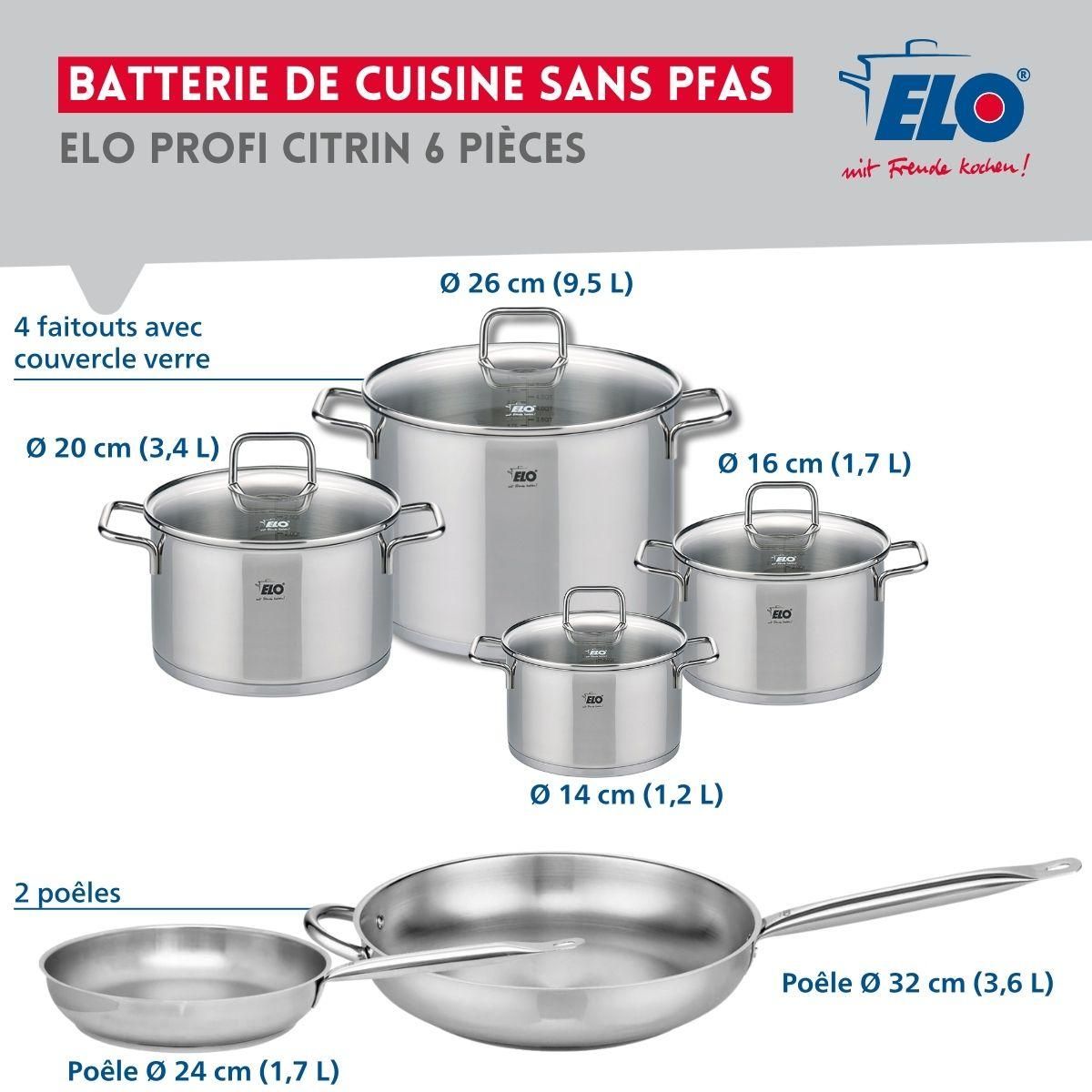 ELO Ensemble de 2 Poêles de cuisson 24 et 32 cm et 4 faitouts 14, 16, 20 et 26 cm Elo Profi Citrin