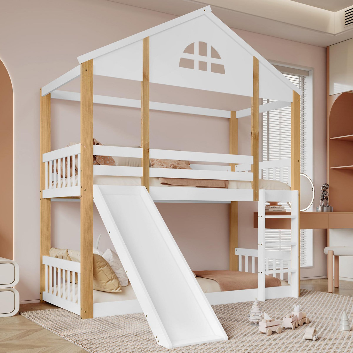 MERAX Lit superposé 90x200cm bois et mdf coloris blanc+naturel