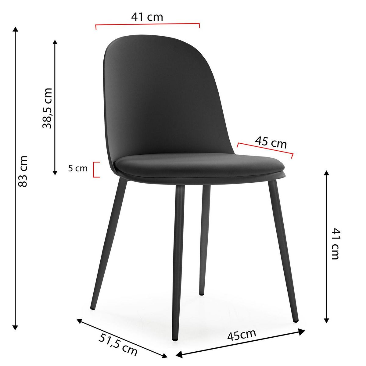 VS VENTA-STOCK Lot de 4 chaises Kana noir, pieds en métal et assise rembourrée